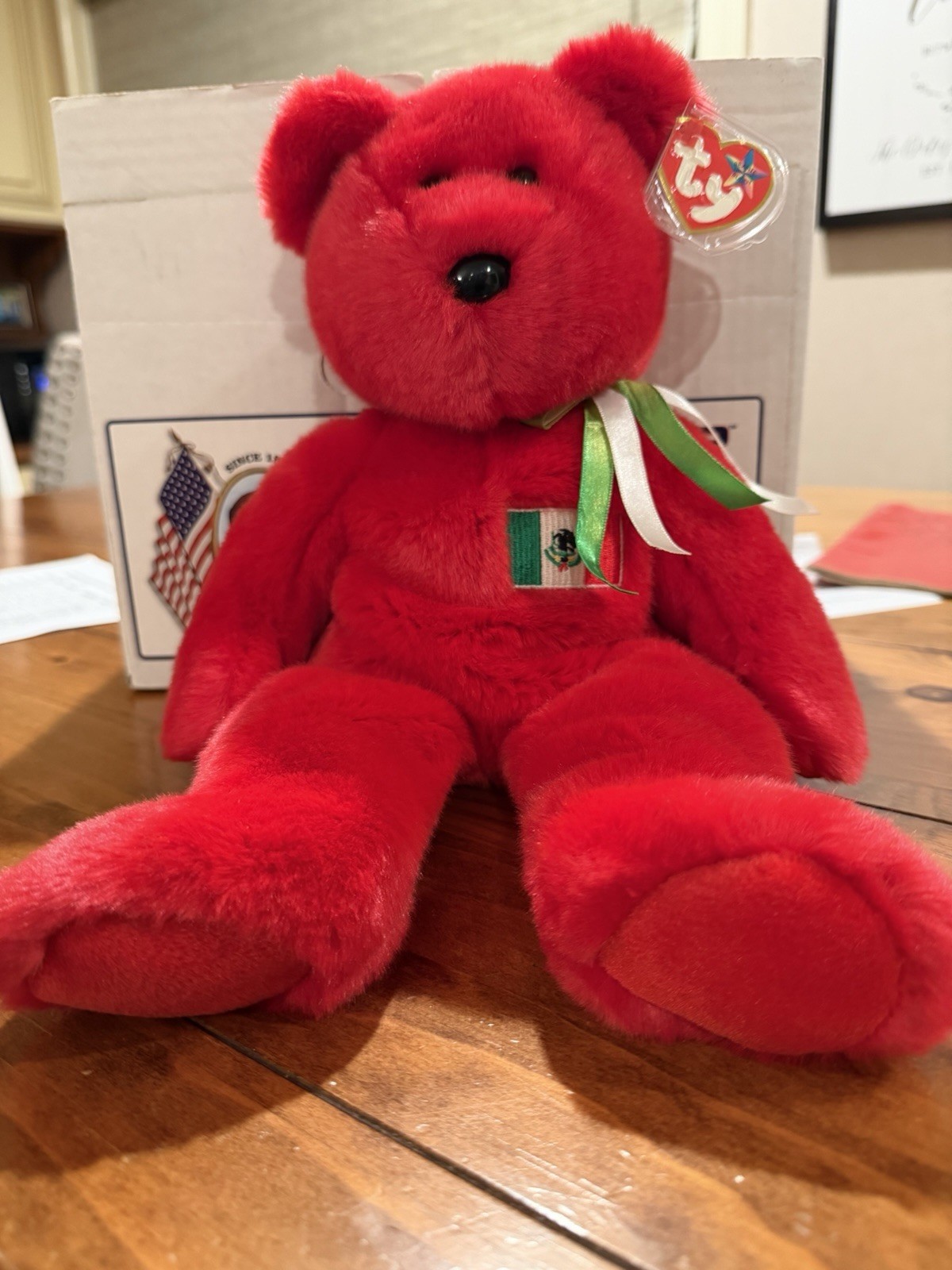 Osito Vintage Red Bear Flag Beanie Buddy with Tags (Mistakes On Tags)