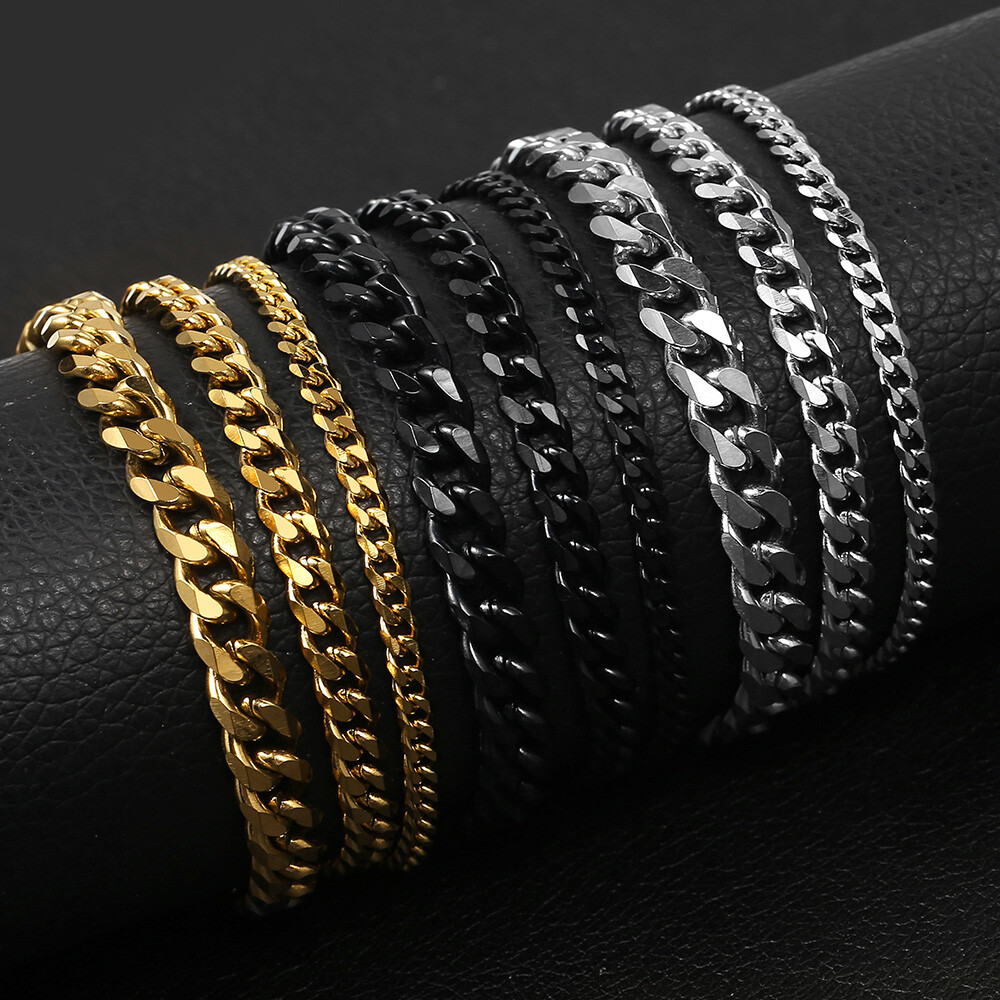 3/5/7/MM Stainless Steel Silver/Black/Gold Plated Cuban Chain Bracelet Men 7-11\