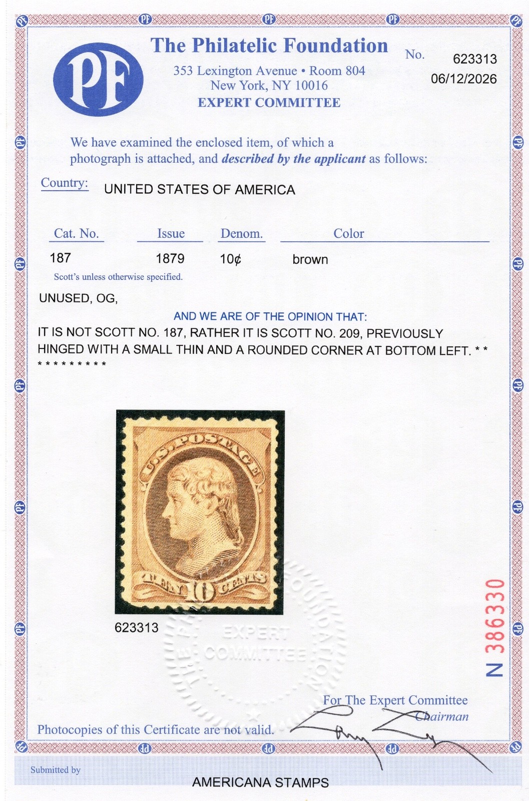 US Scott #209 MH, OG/Cert , 10-cent brown, Jefferson, American Bank Note CV=$200 US Scott #209 MH, OG/Cert , 10-cent brown, Jefferson, American Bank Note CV=$200