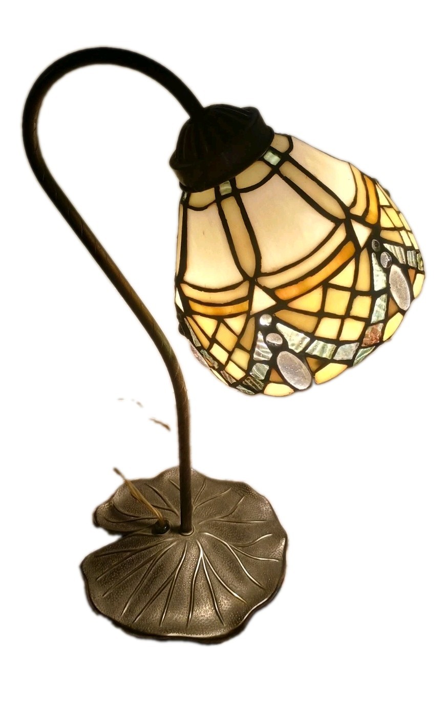 Vtg Tiffany Style Table Lamp Gold Stained Glass Baroque Gooseneck Lily pad Base