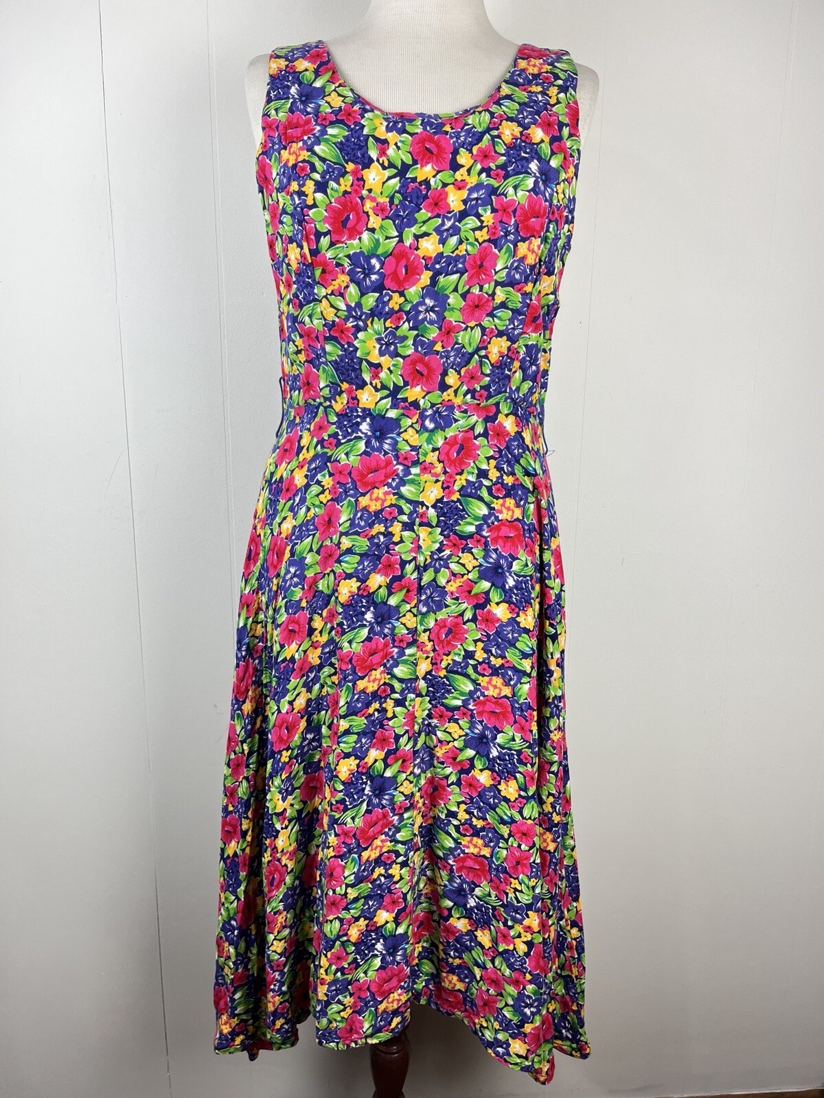 S. Roberts 90s Bright Floral Sleeveless Maxi Dress Womens 10 Vintage Rayon Boho