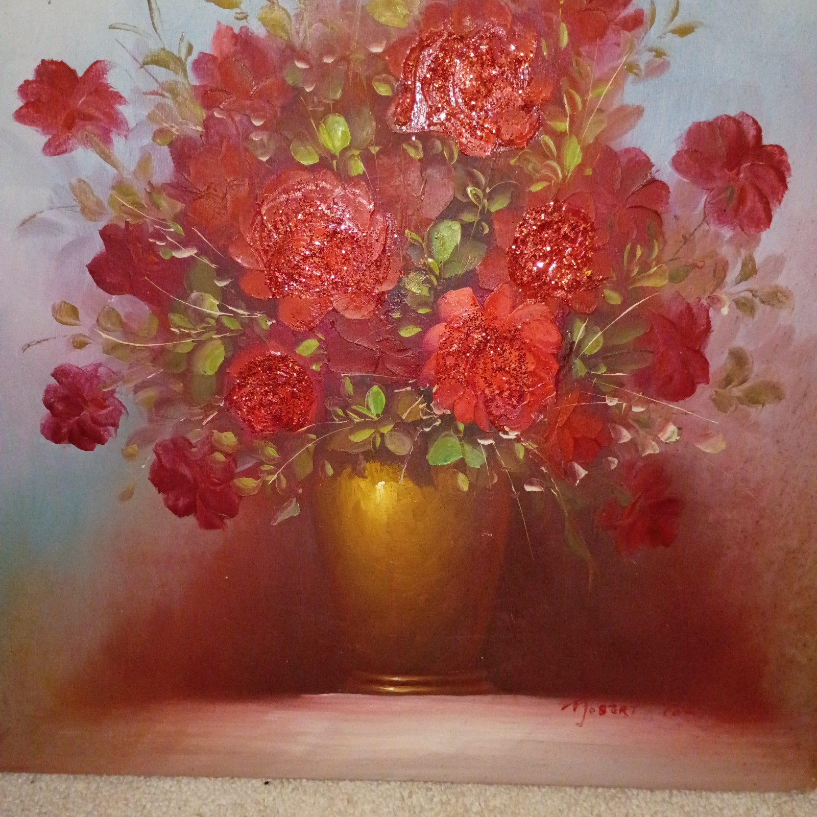 Original ROBERT COX Signed Floral Oil Painting Mid Century Rose Still Life 20x24