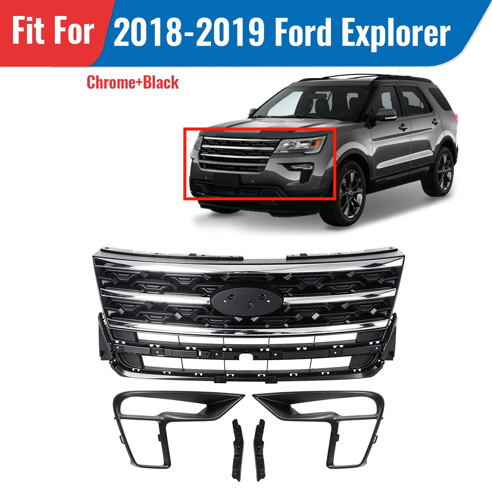For Ford Explorer 2018-2019 Front Bumper Upper Grille Chrome Black Mesh Style