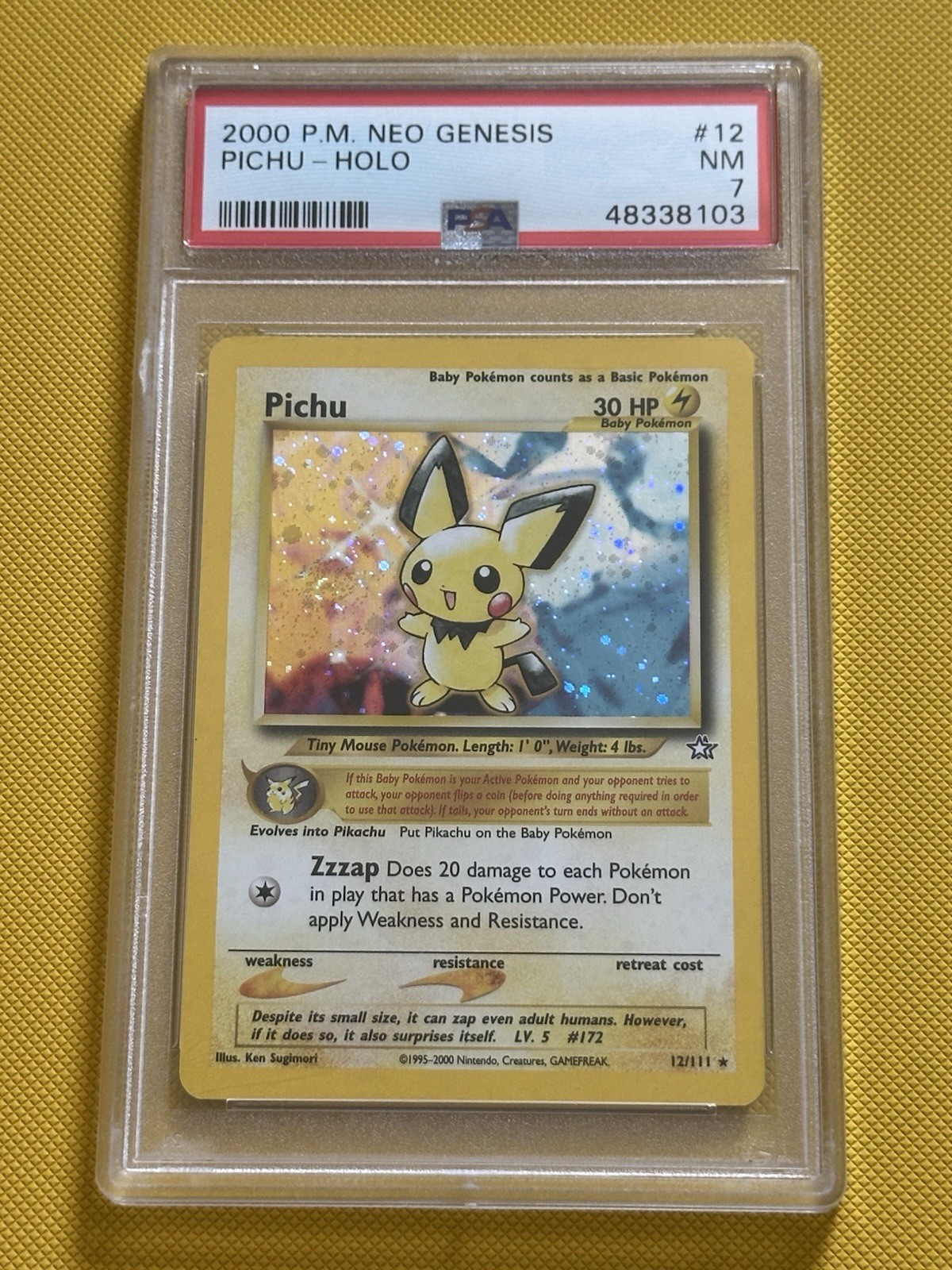 Pokemon 2000 Neo Genesis Pichu 12 Holo Unlimited English PSA 7 GREAT SWIRL 🌀 Pokemon 2000 Neo Genesis Pichu 12 Holo Unlimited English PSA 7 GREAT SWIRL 🌀