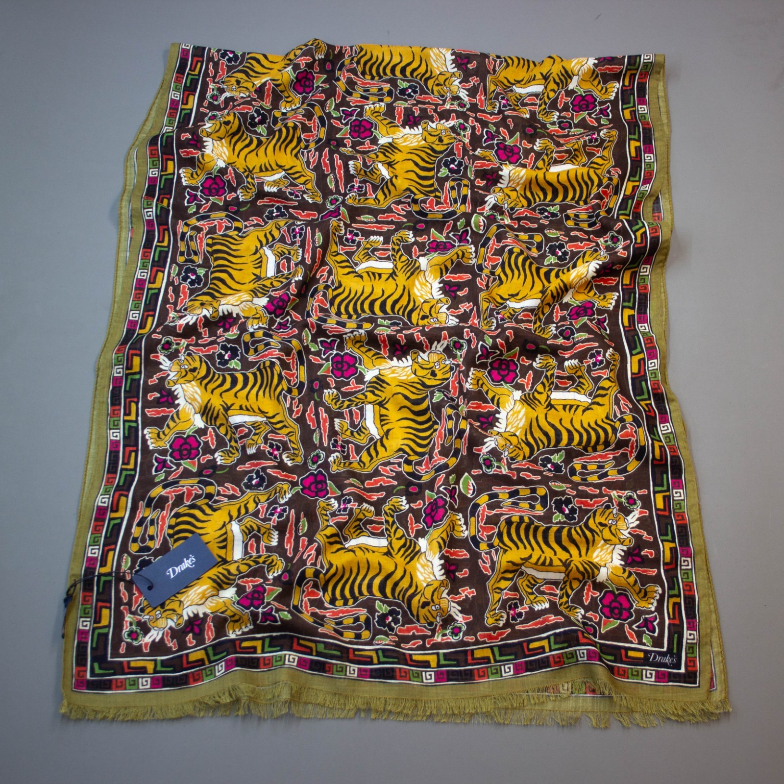 Drake’s Navy Jumbo Tiger Print Wool-Silk Scarf / RRP £245 / Brand New
