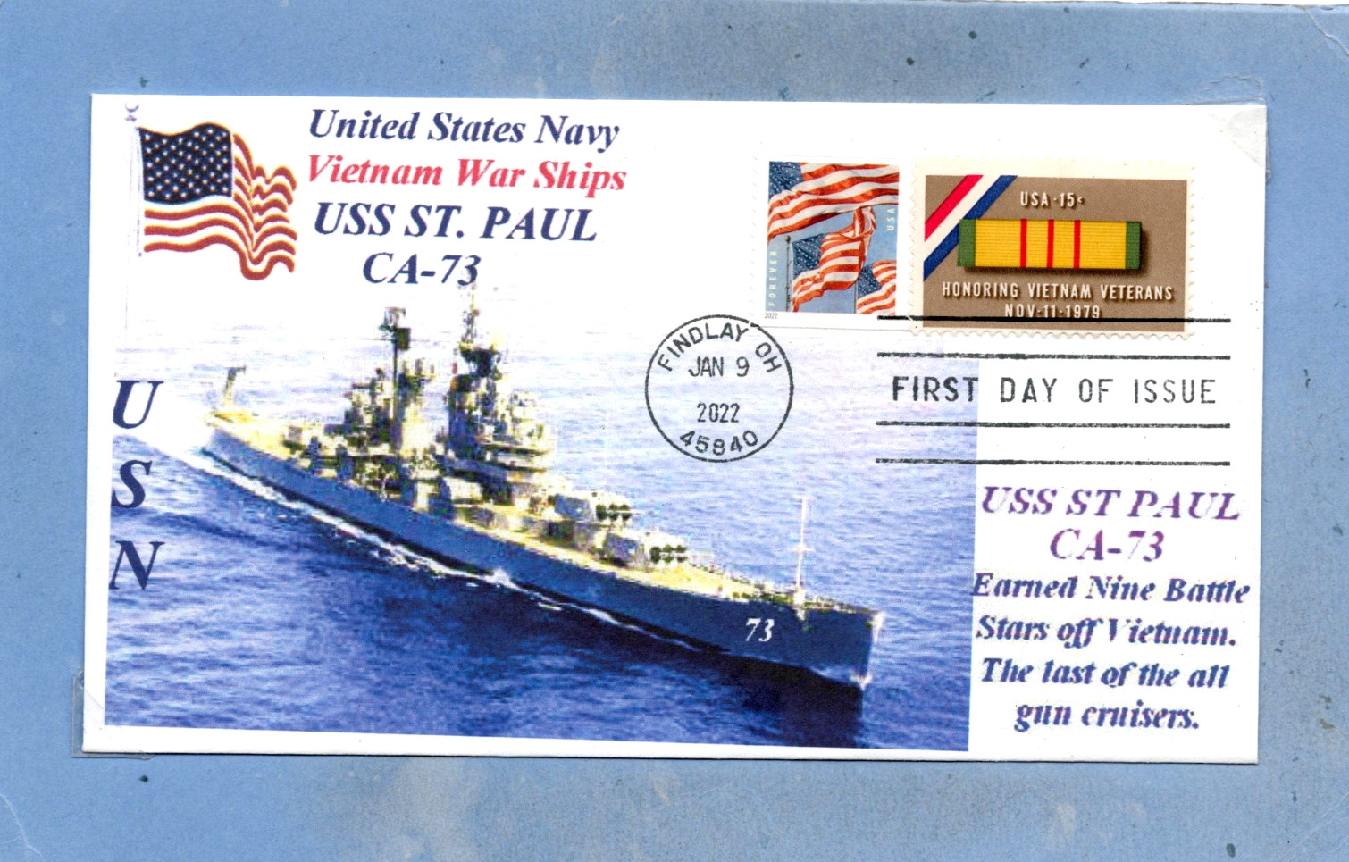 USS ST. PAUL CA-73 Vietnam War Heavy Cruiser Color Photo Flag First PM
