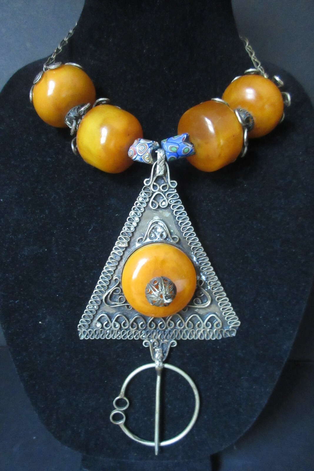 Early 19thc. Moroccan Berber Fibula Necklace, Tribal  Berber Copal Amber