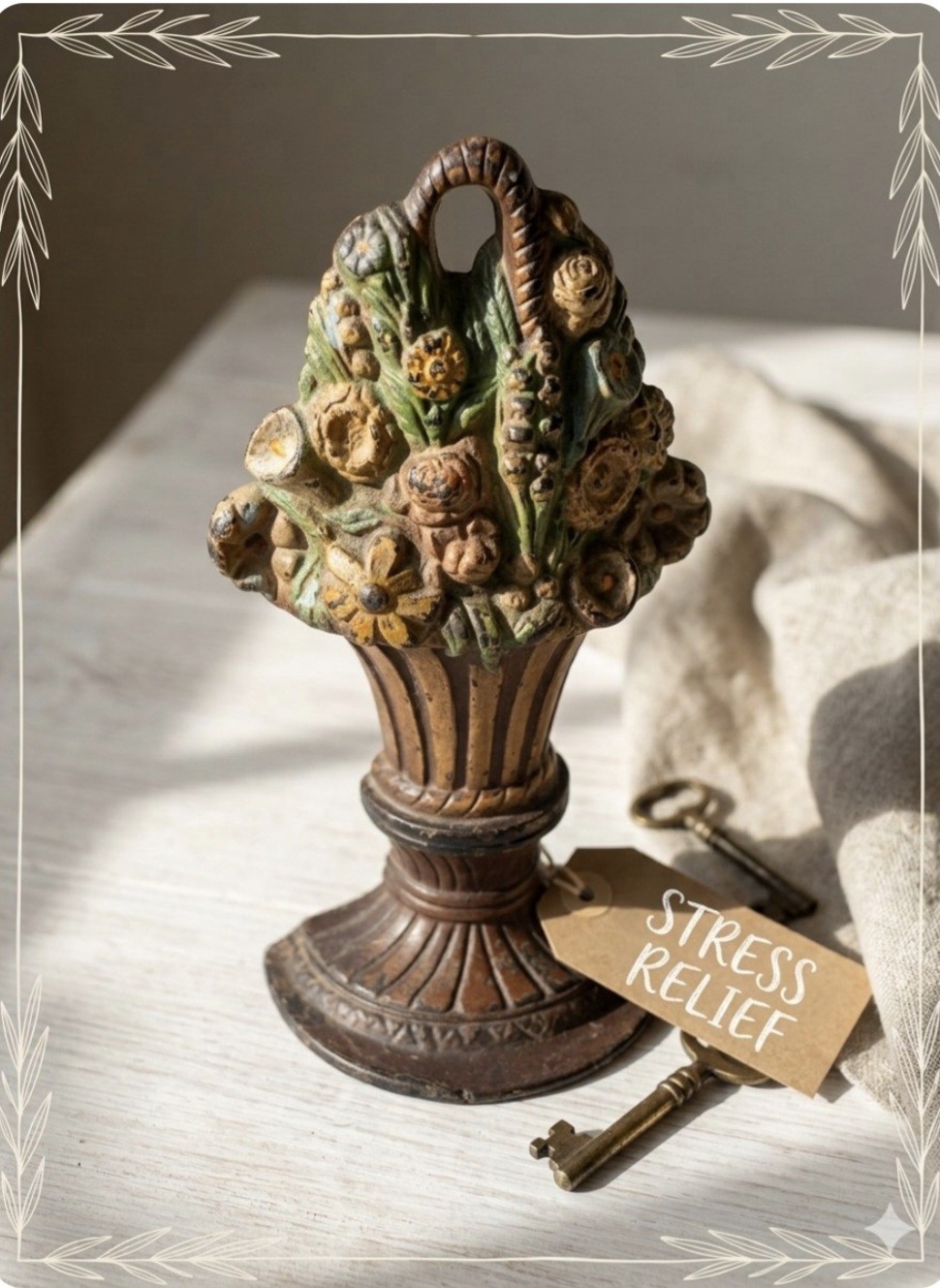 Antique Cast Iron Flower Basket Doorstop #1403 Original Polychrome Paint 8.75\