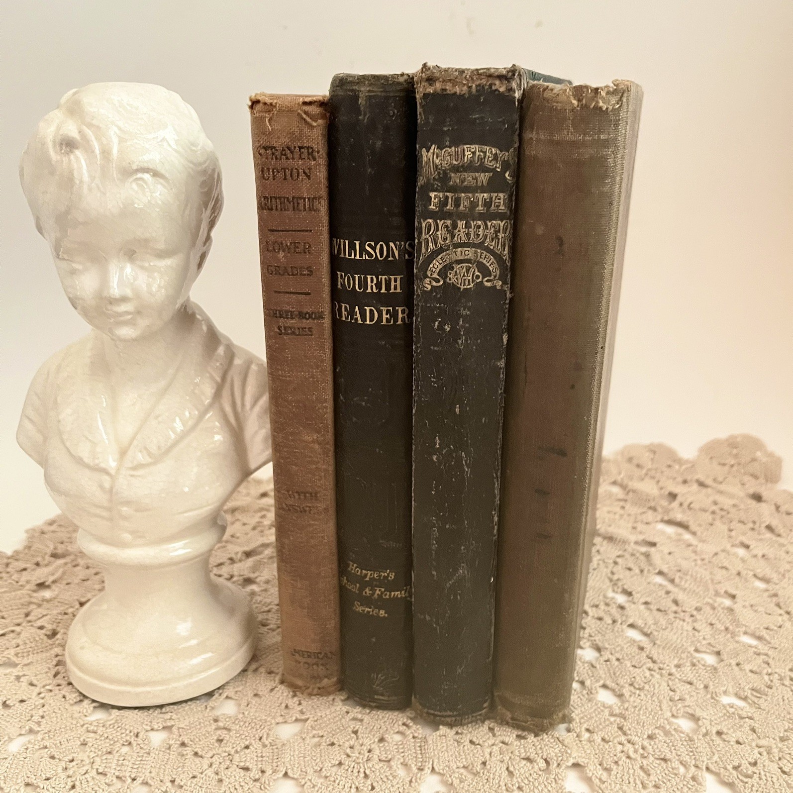 4 Antique Vintage School Books Neutral Distressed Academia Library Early Readers