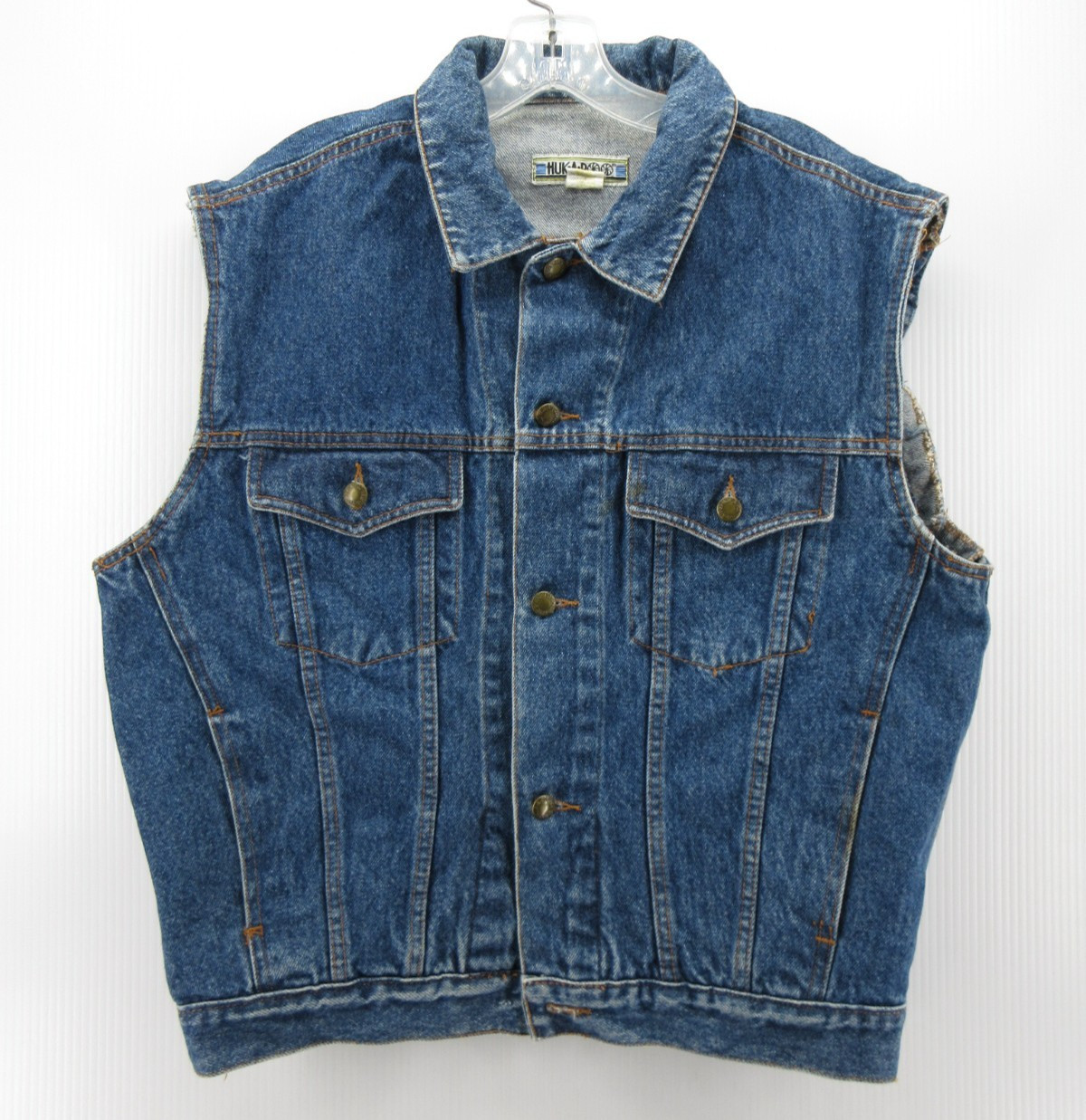 VINTAGE Huk A Poo Vest Men Large Blue Trucker Denim Jacket 90s Motorcycle Moto *