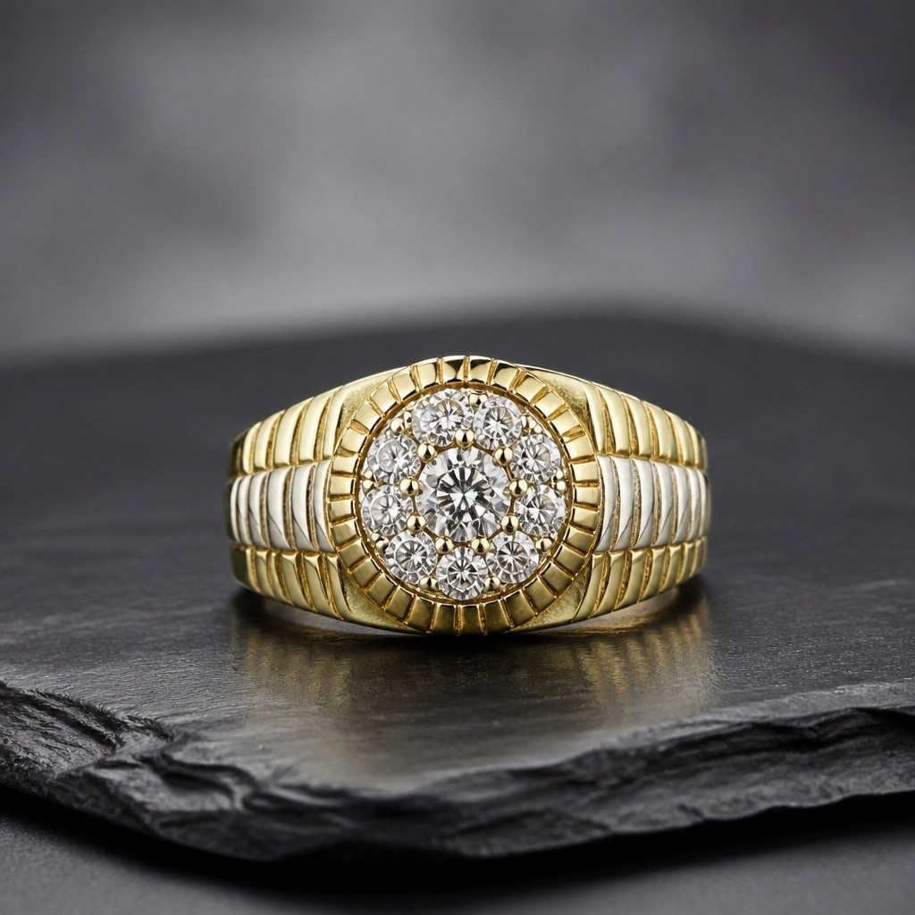 MEN\'S 10k SOLID GOLD CUBIC ZIRCONIA ROLEX DESIGN RING Sz 9.5 MEN\'S 10k SOLID GOLD CUBIC ZIRCONIA ROLEX DESIGN RING Sz 9.5