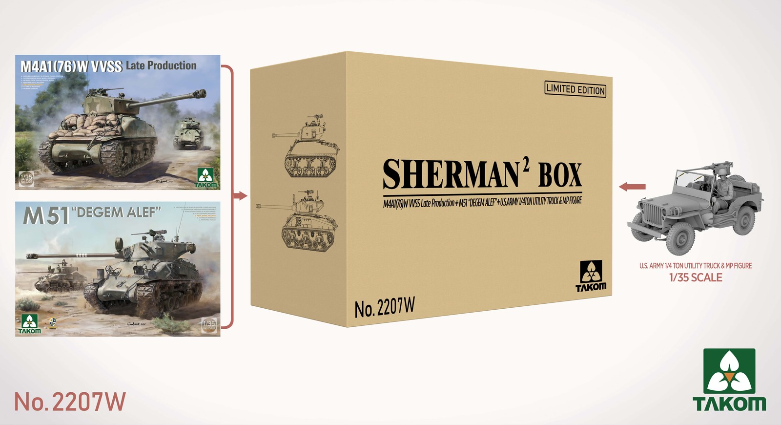 TAKOM 2207W 1/35 SHERMAN² M4A1 76(W)+M51 \'DEGEM ALEF\'+ARMY 1.4 Ton Truck Ltd Box TAKOM 2207W 1/35 SHERMAN² M4A1 76(W)+M51 \'DEGEM ALEF\'+ARMY 1.4 Ton Truck Ltd Box