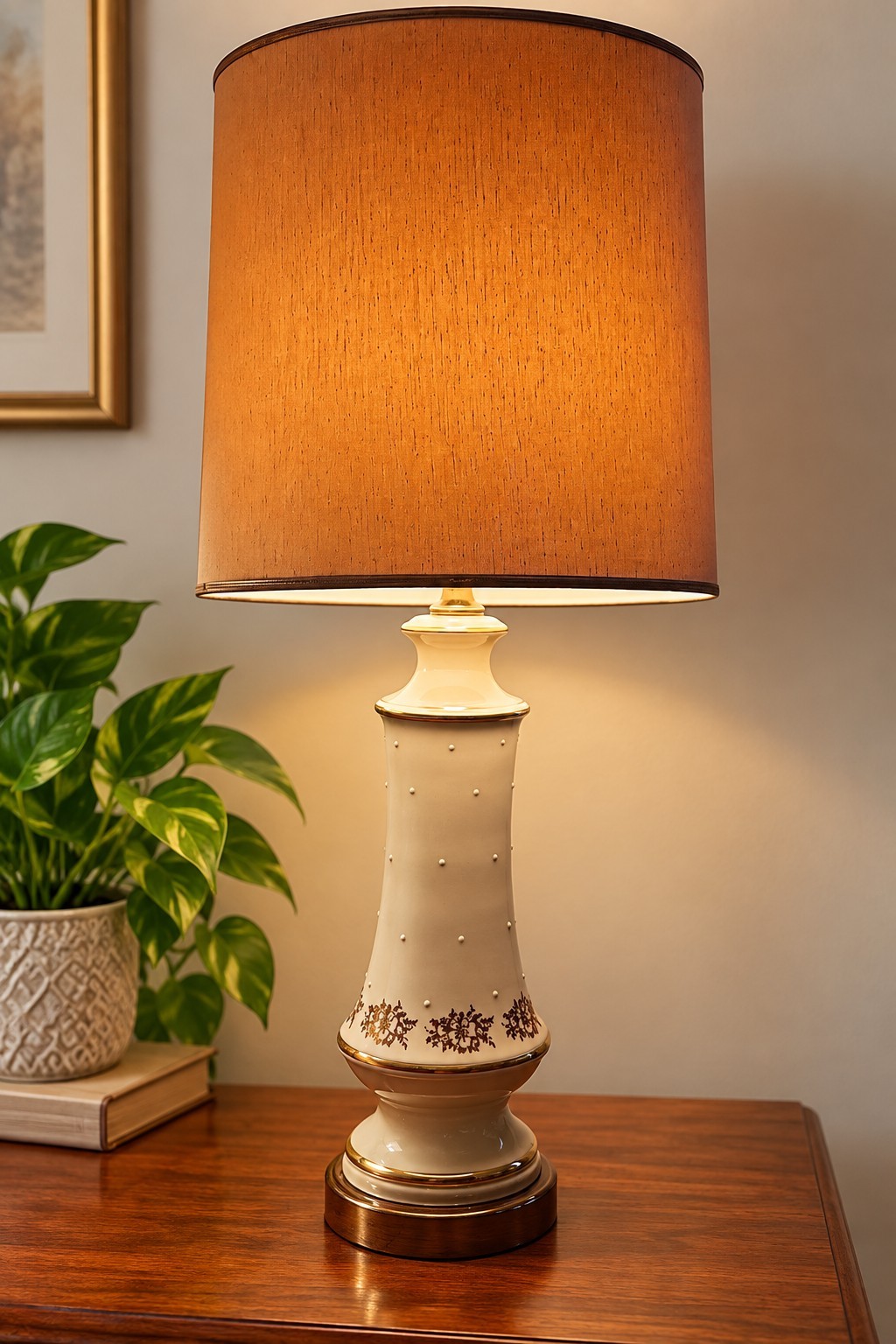 Vtg Mid Century Table Lamp Dotted White Ceramic 50's Gold Floral  Grannycore 32