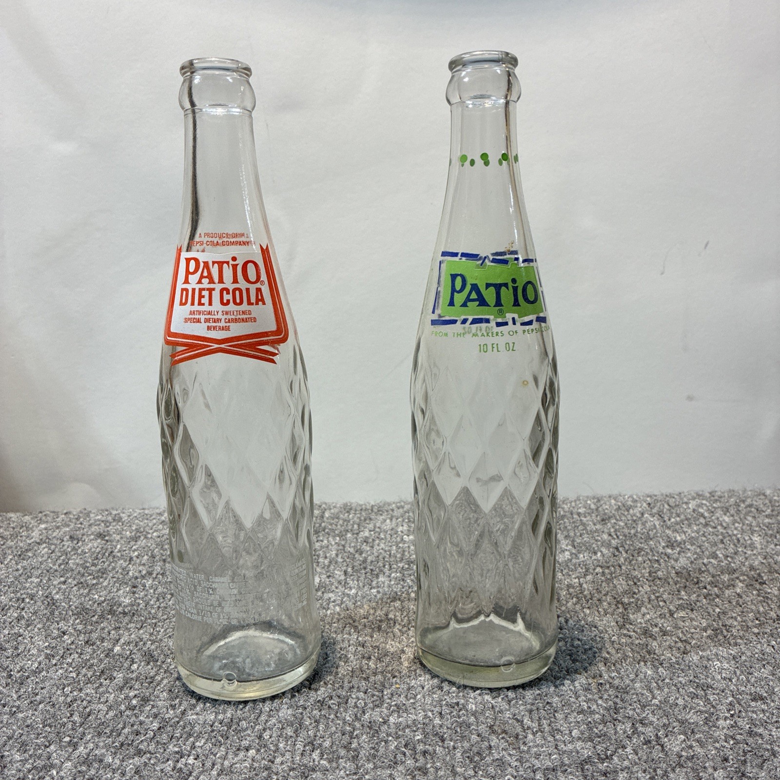 Vintage 1960’s Patio Glass Soda Bottles Pepsi Cola Product Empty 60s Lot of 2. 