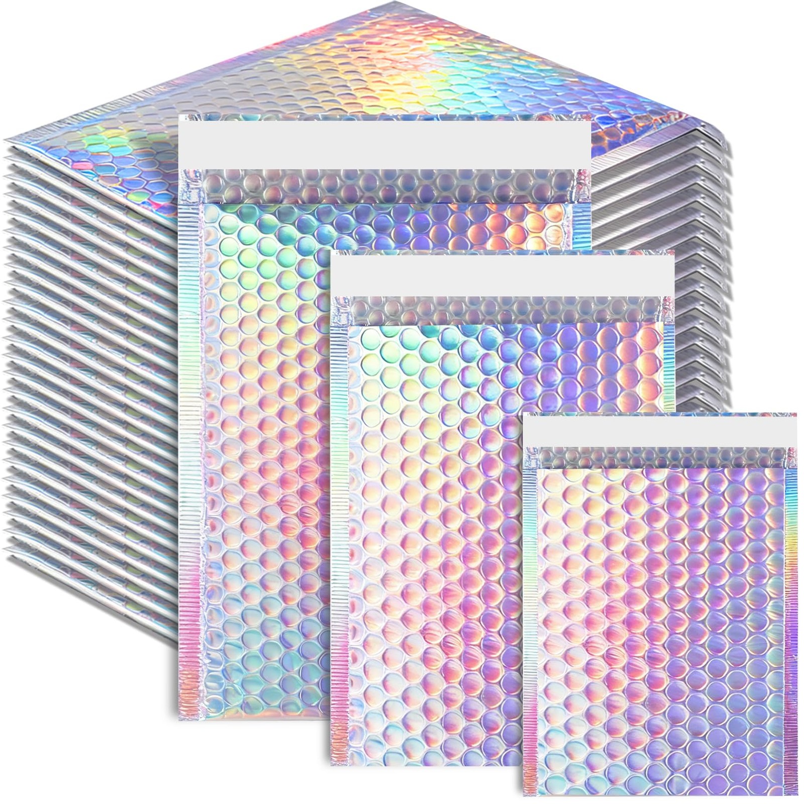 50 Pcs Metallic Bubble Mailers, 3 Sizes Holographic Bubble Mailers, Poly Padd...