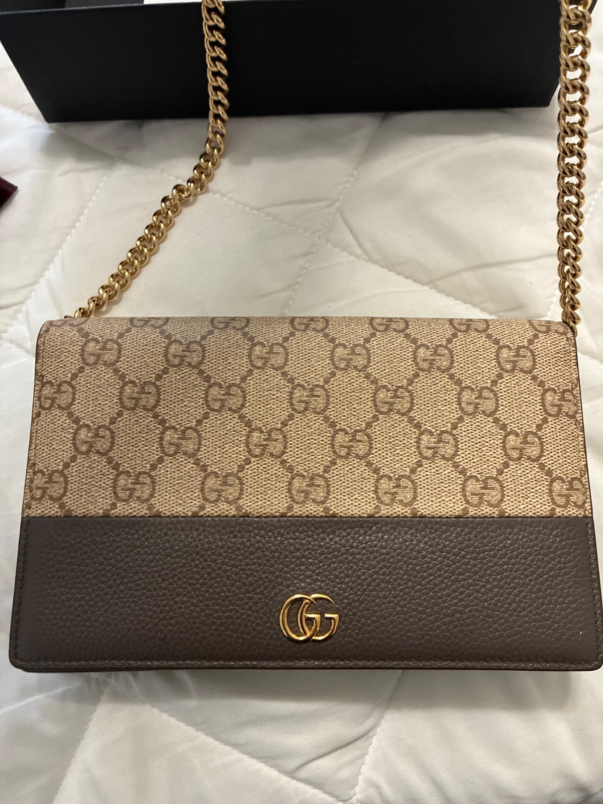 Gucci GG Supreme Monogram Canvas Brown Leather Flap Wallet On Chain Shoulder Bag