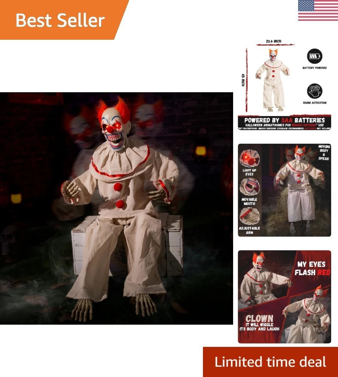 Battery-Powered Scary Sitting Clown with Moving Mouths for Spooky Celebrations