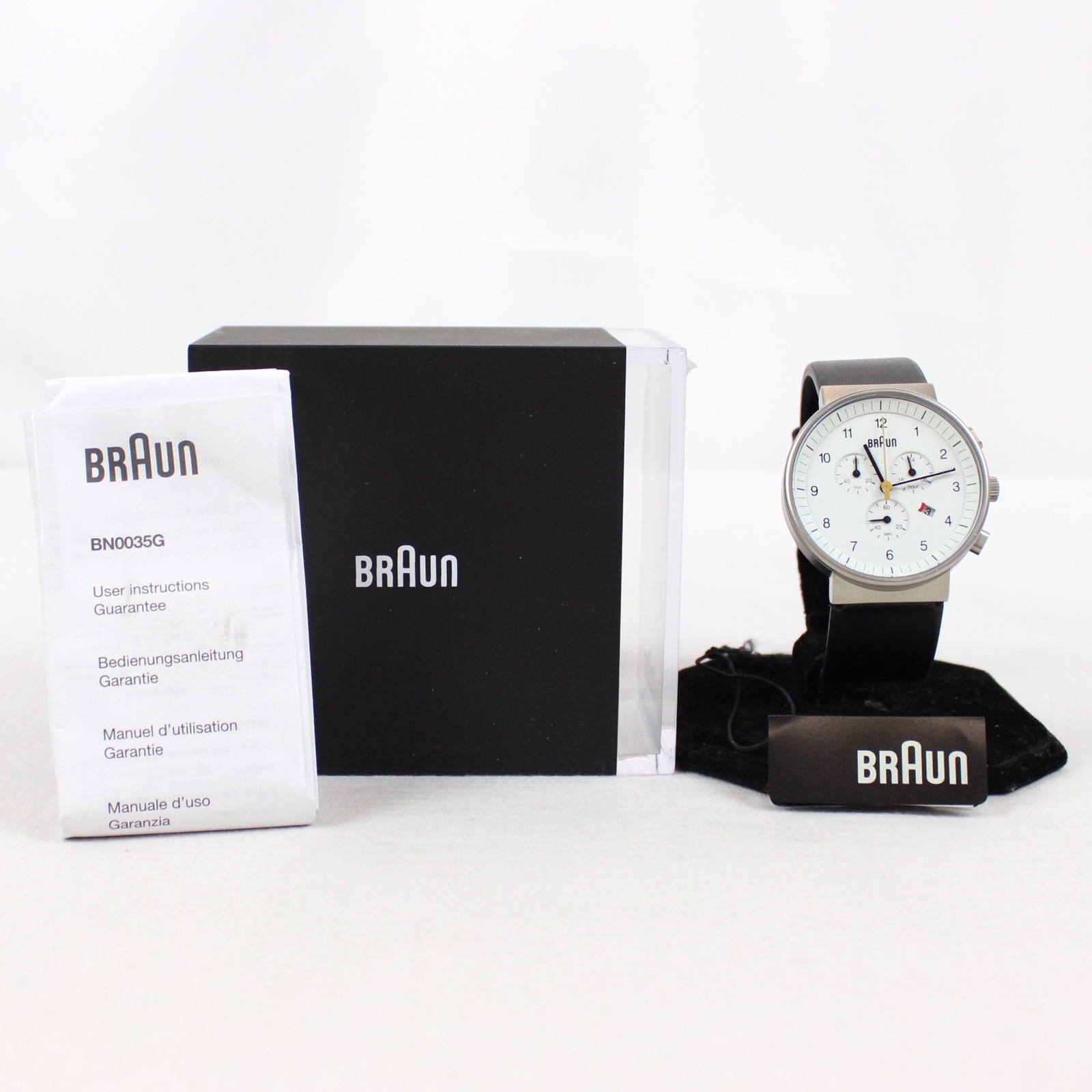 Braun BN0035 Classic Chronograph Quartz 40mm Watch with Black Leather Strap NWT