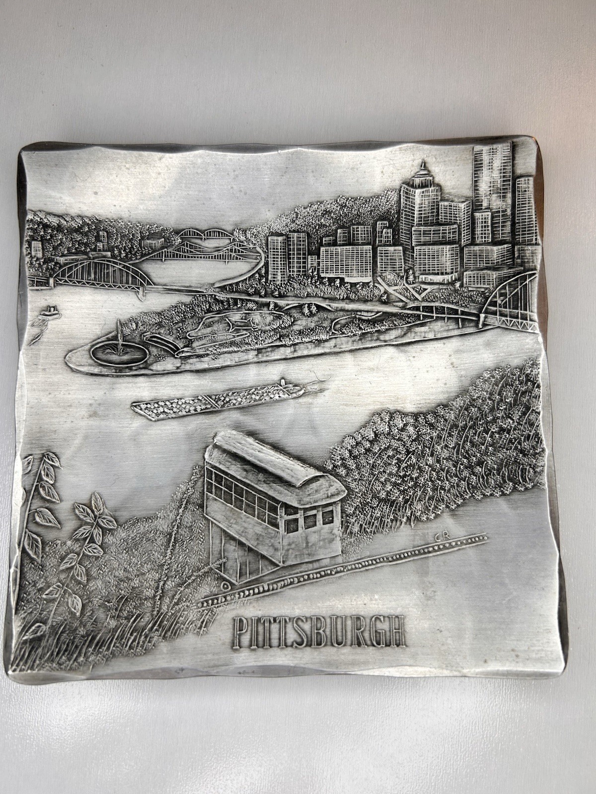 Vintage Wendell August Forge Pittsburgh Aluminum Tray Duquesne Incline Signed CR