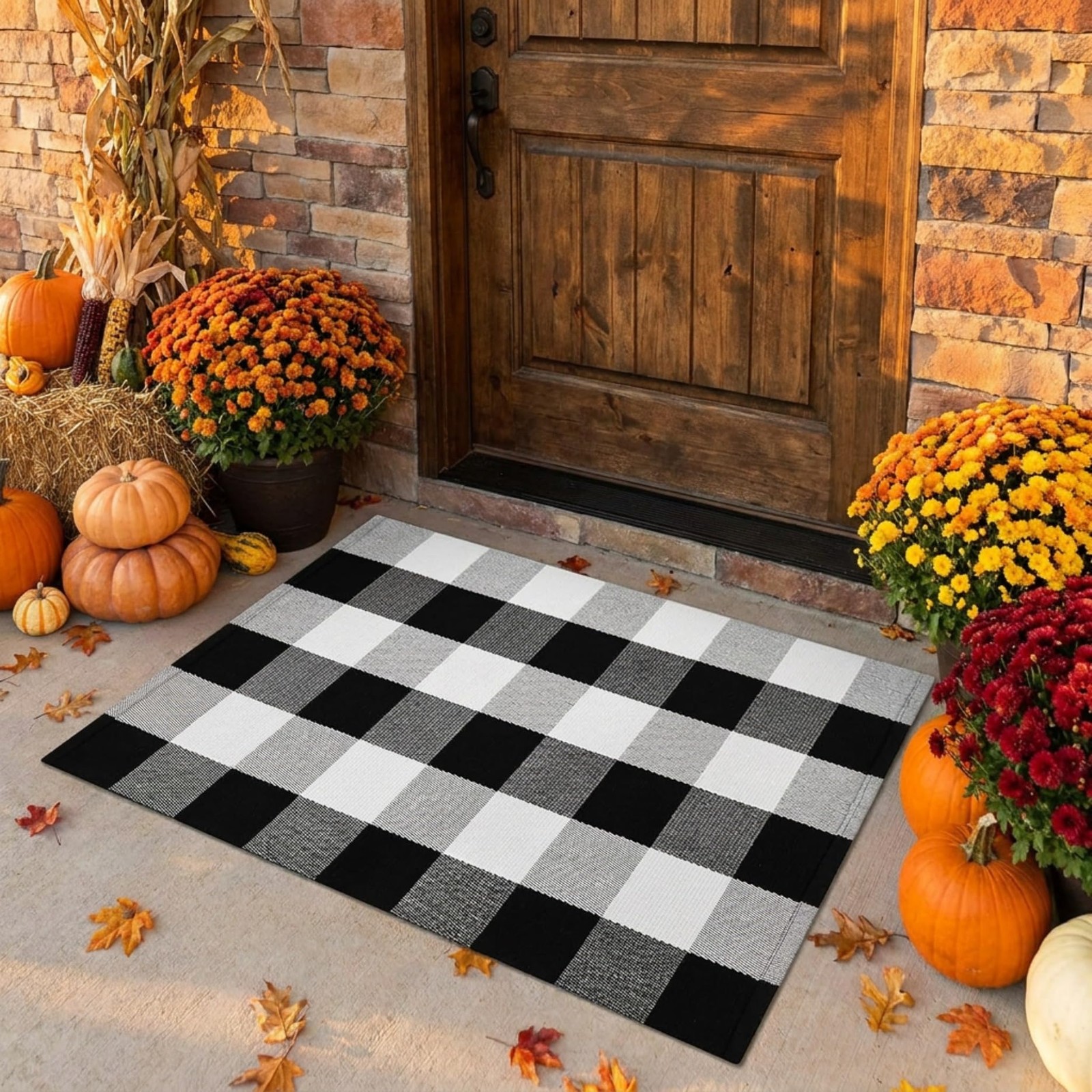SEEKSEE Fall Decor Buffalo Plaid Outdoor Rug 2\' x 3\' Black and White Front Do...