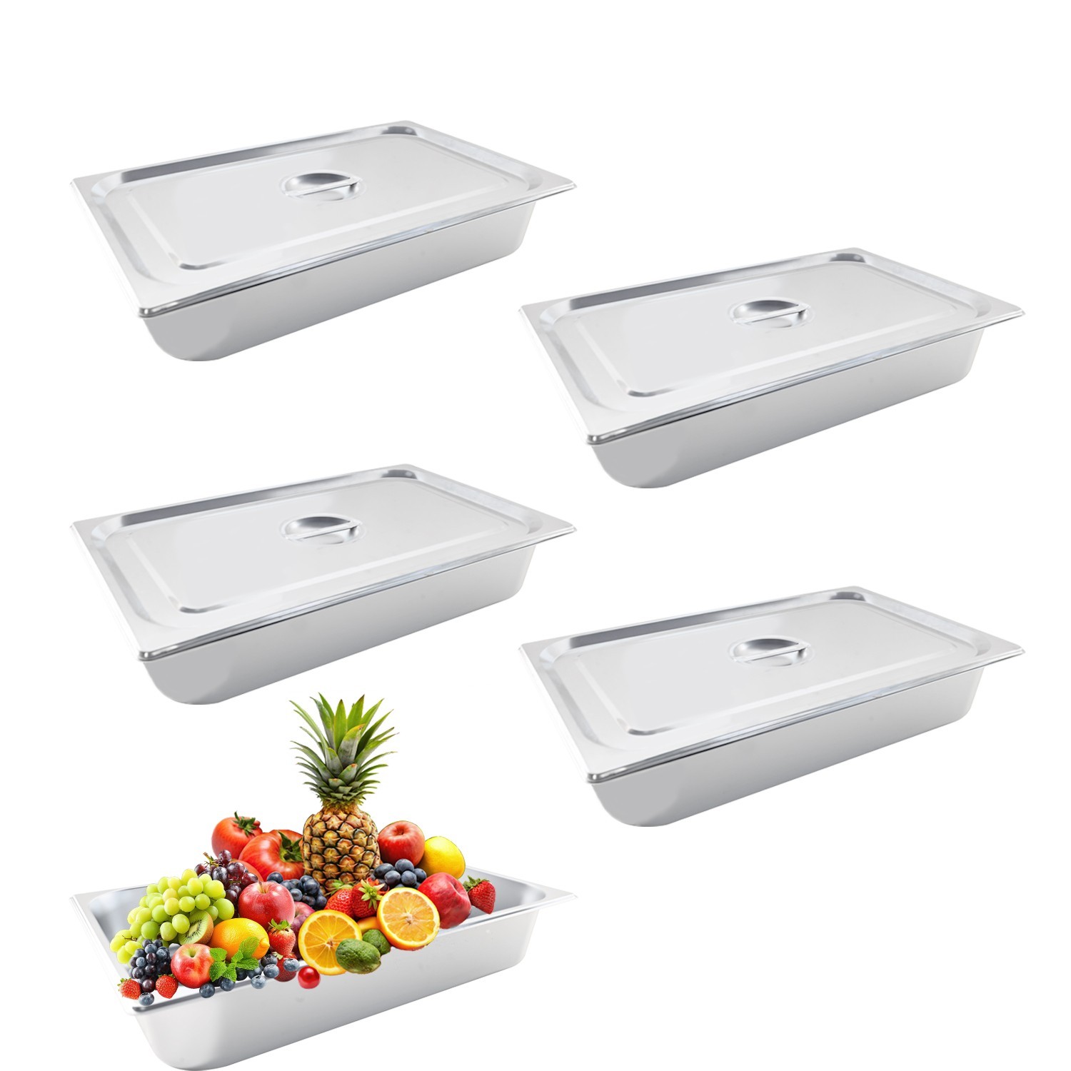 4 Pack Stainless Steel Full Size 4\'\' Deep Steam Table Pan w/ Lid Hotel Food Pans