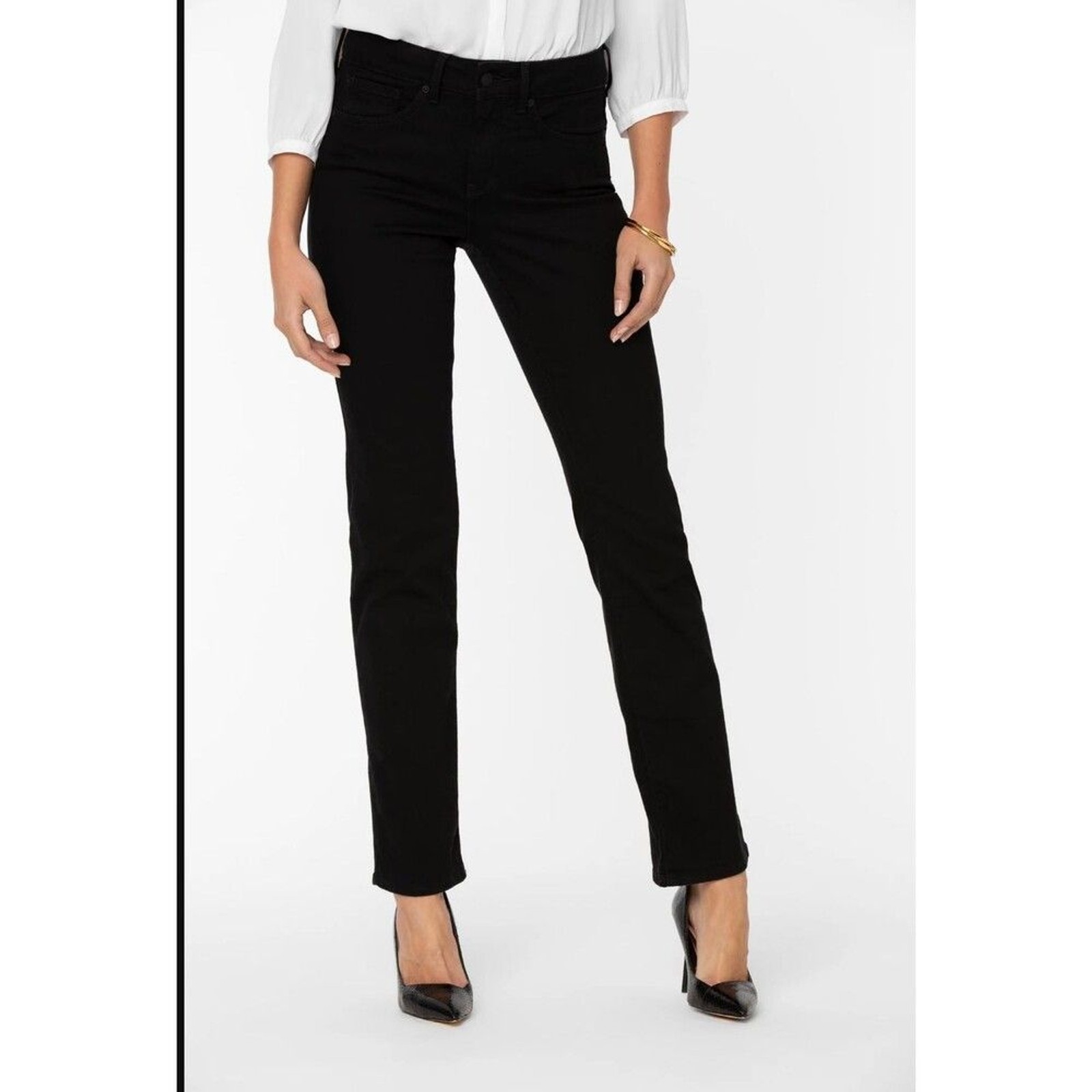 NYDJ Marilyn Jeans Women\'s 12 Black Cotton Denim Straight Leg Workwear Travel