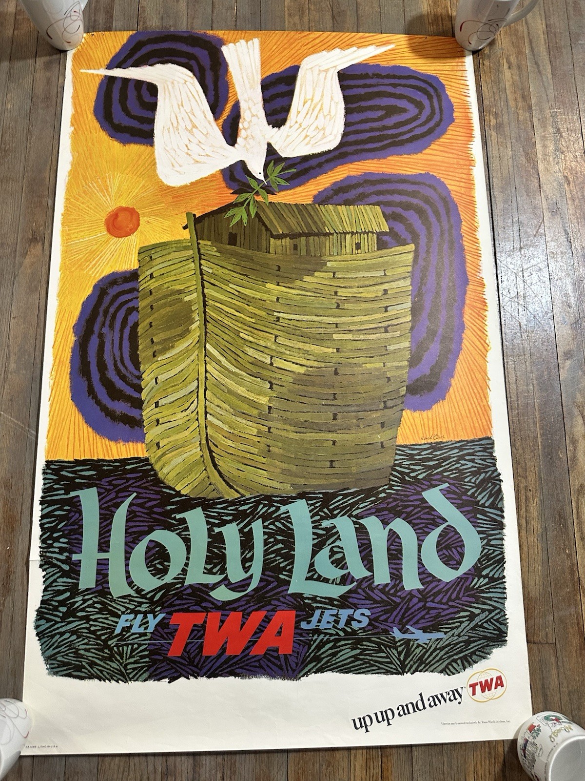 Vintage 1965 Holy Land Fly TWA Jets Poster Original USA David Klein Airlines