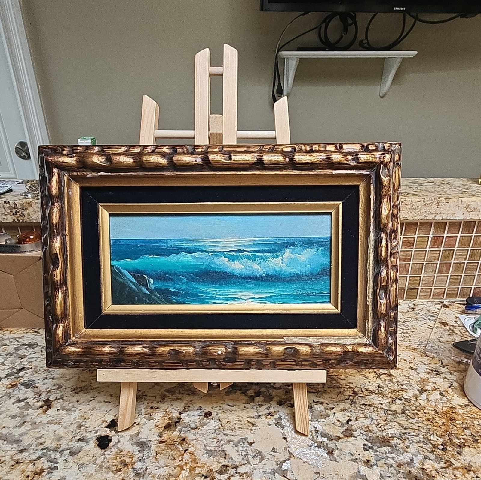 Small Signed Realism Seascape Ocean Waves Painting, Framed Wood, Taiwan