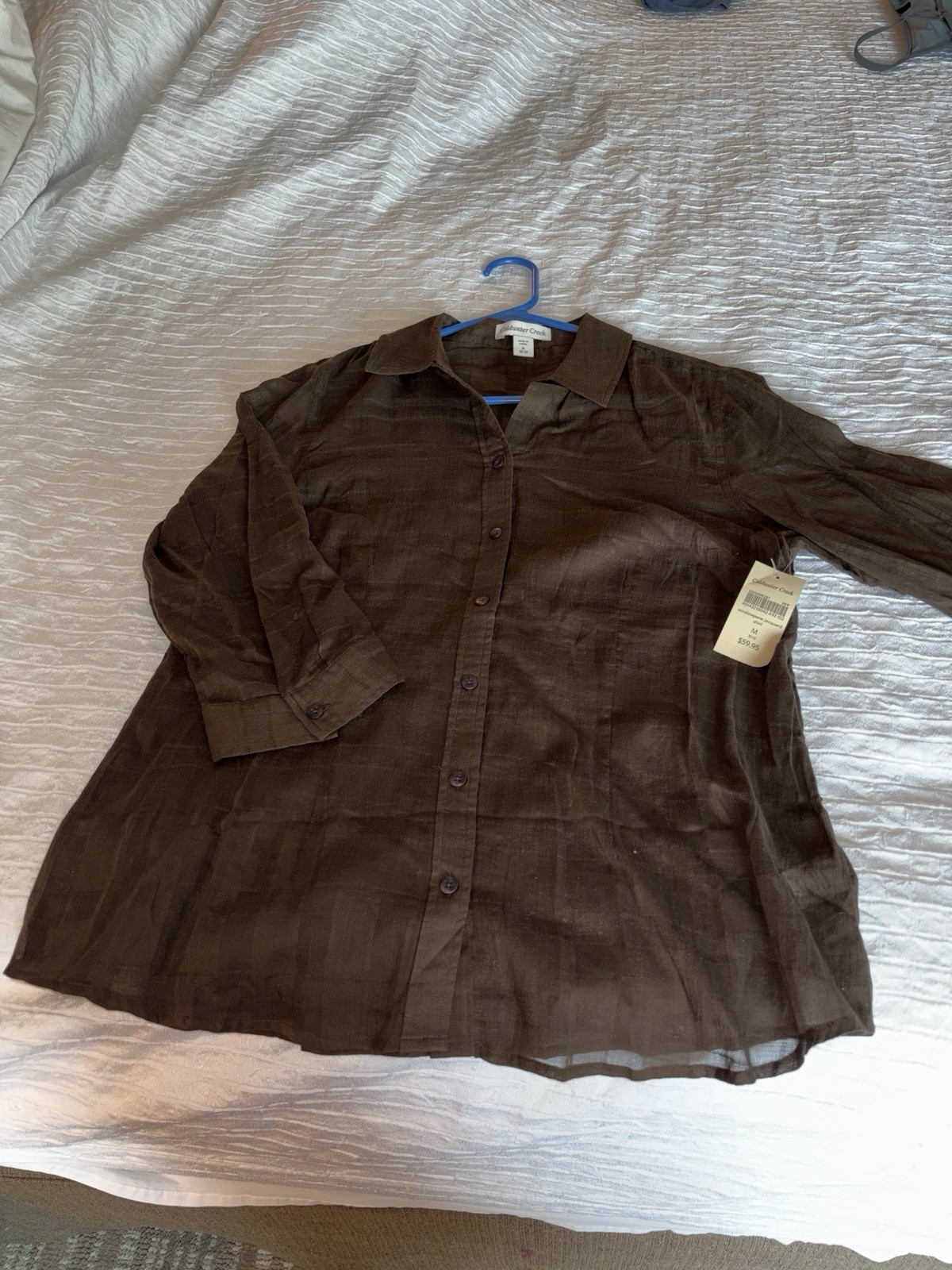 Coldwater Creek Women’s Brown Plaid Sheer Lightweight Collared Button-Up M