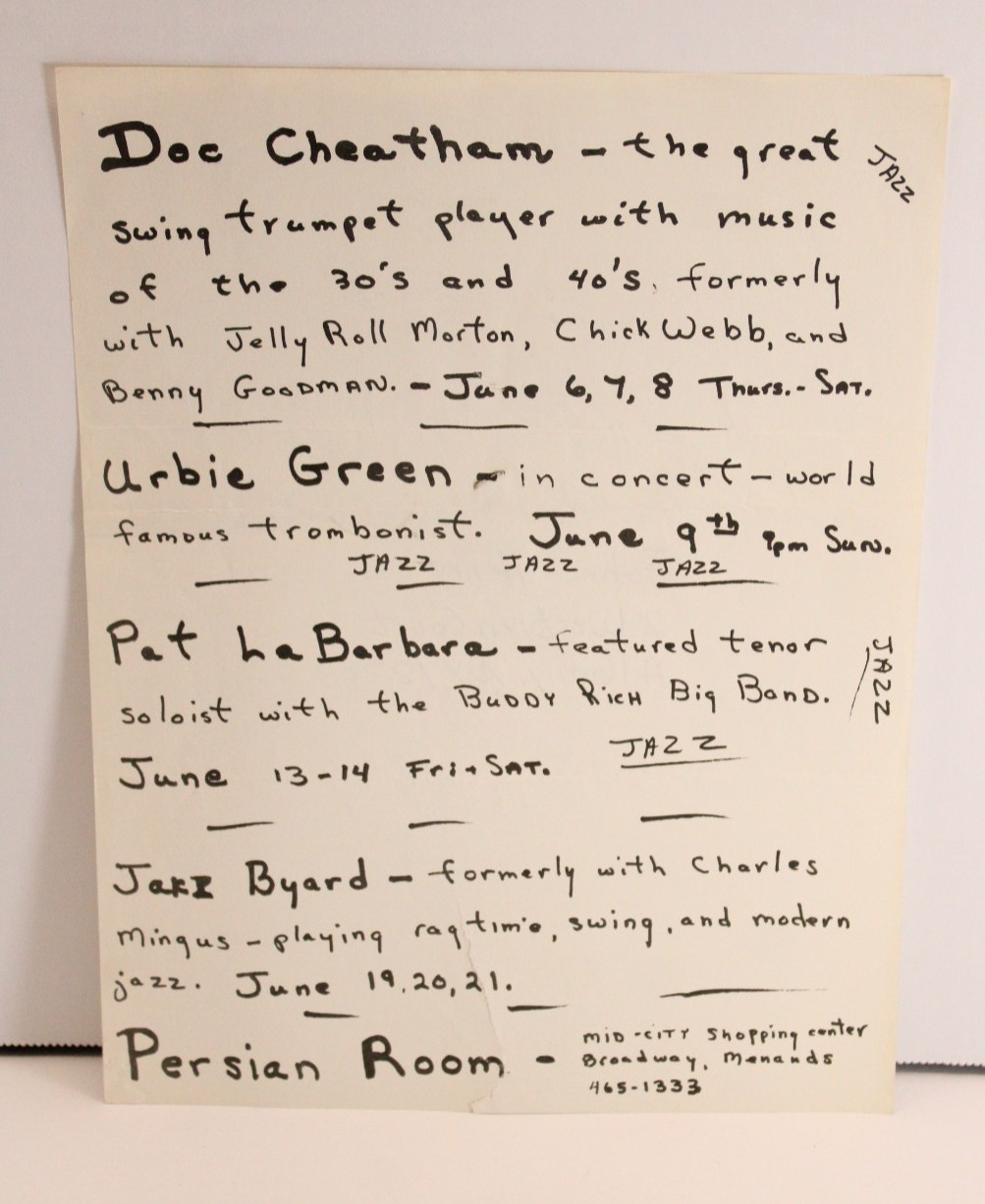 Rare Jazz Ephemera Persian Room Flyer Buddy Rich Big Band Jelly Roll Morton Era Rare Jazz Ephemera Persian Room Flyer Buddy Rich Big Band Jelly Roll Morton Era