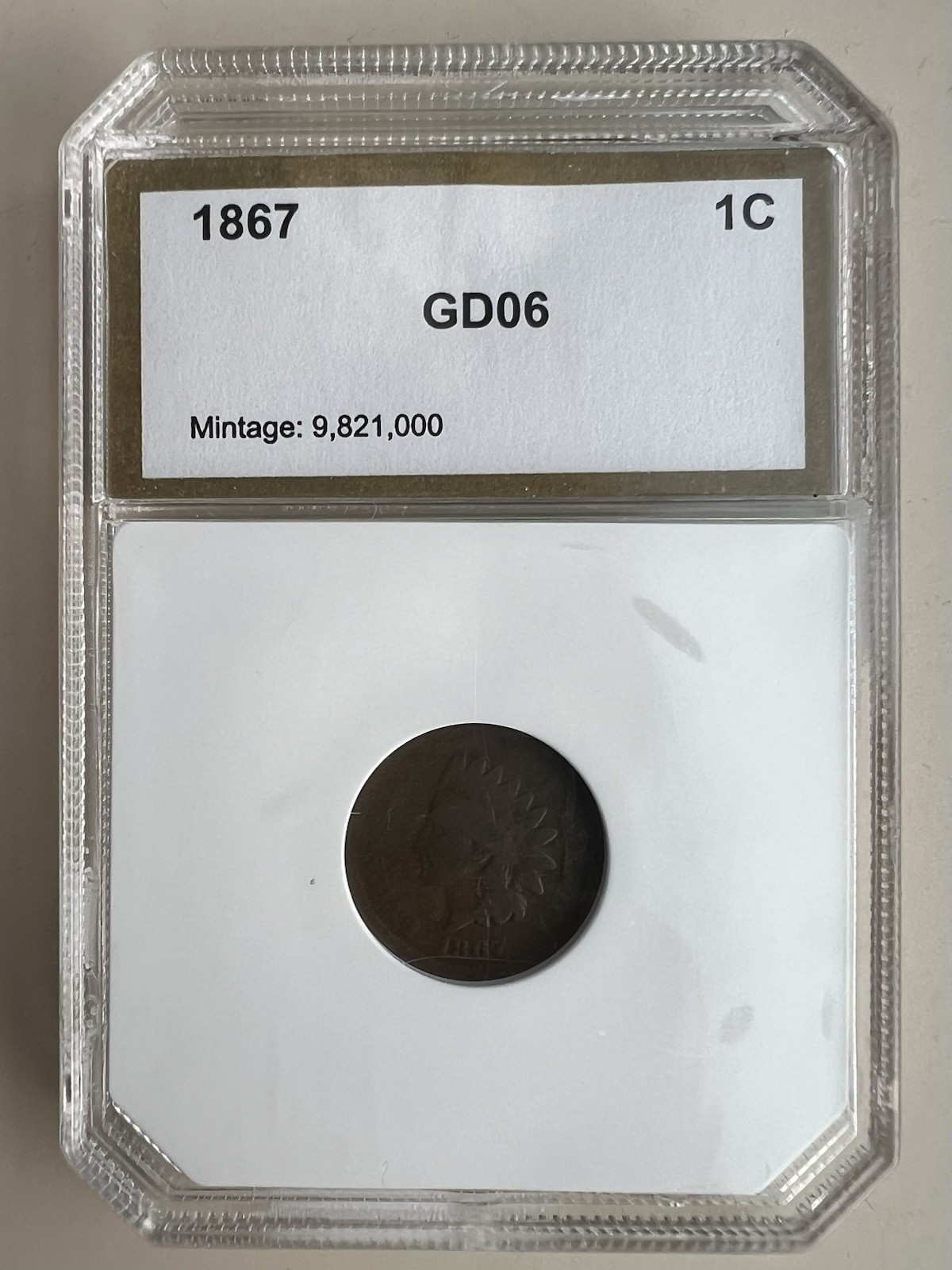 1867 PCI G6 Indian Head Cent Graded Good 6, Key Date Certified US 1c IHP