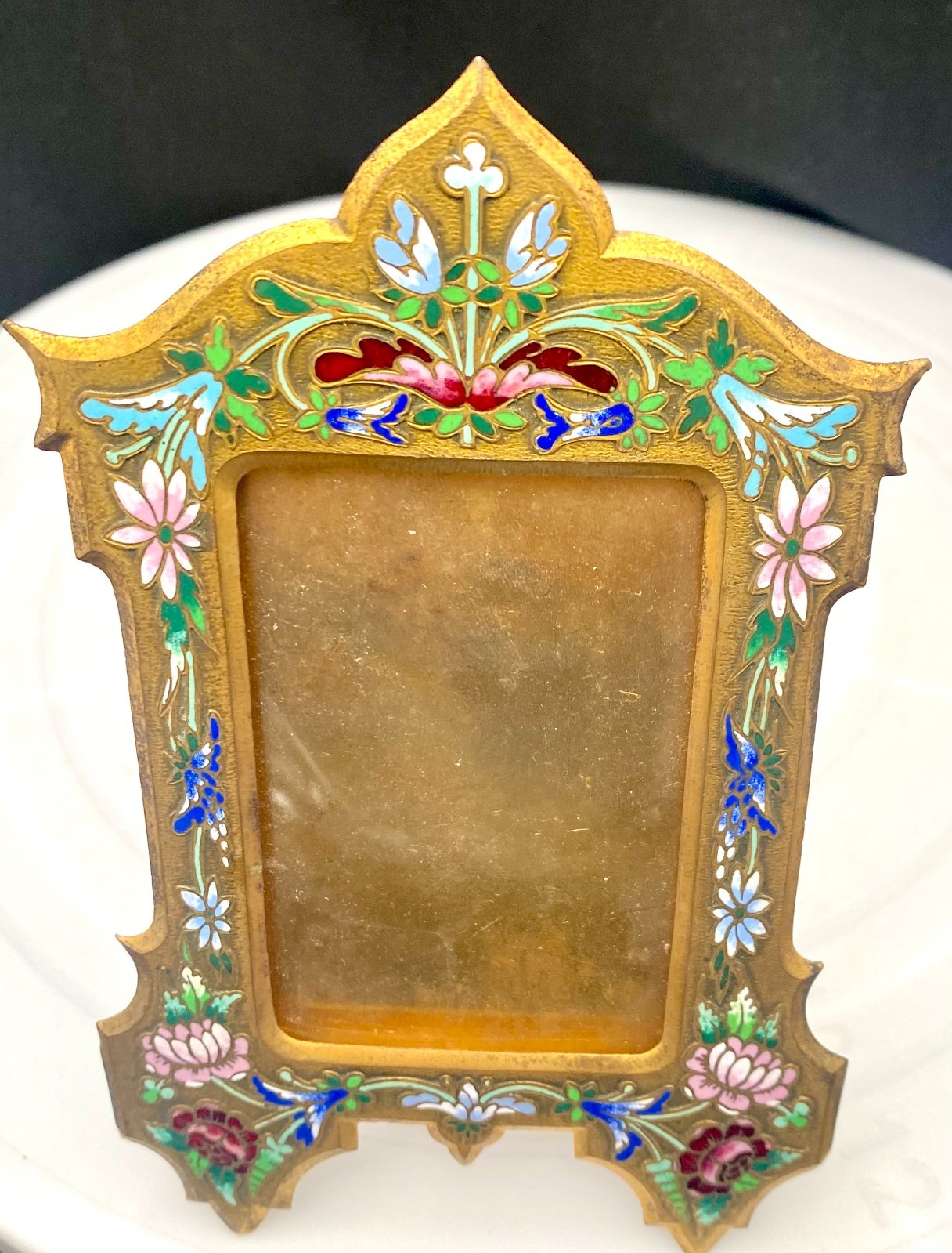 ANTIQUE FRENCH CHAMPLEVE ENAMEL GILT BRONZE EASEL PICTURE FRAME 19TH CENTURY