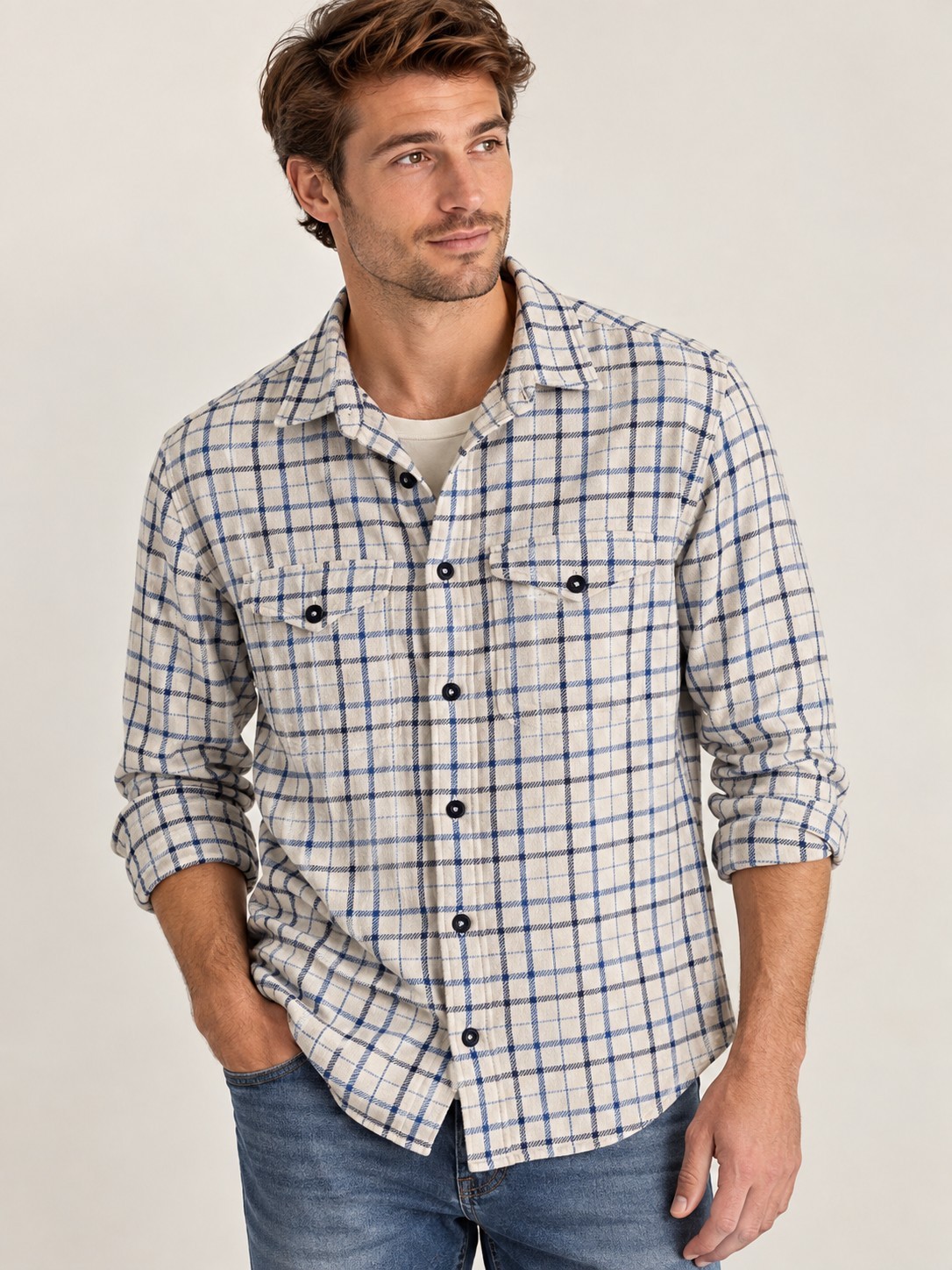 Relwen Brushed Flannel Blanket Shirt Button Plaid Blue White Shacket Sz Large 
