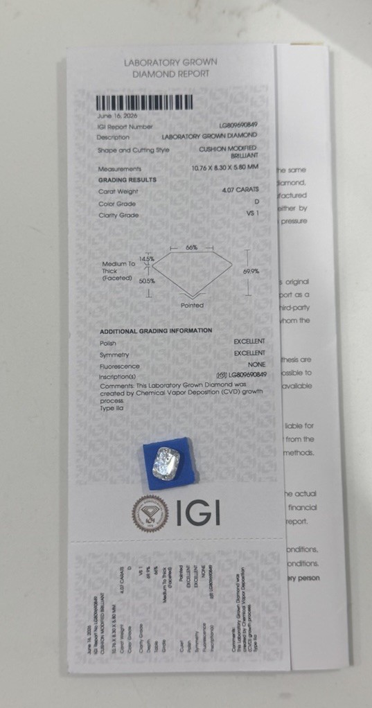 IGI Certified Lab Grown Diamond Cushion 4.07ct D VS1 Excellent Cut 10.76mm IGI Certified Lab Grown Diamond Cushion 4.07ct D VS1 Excellent Cut 10.76mm