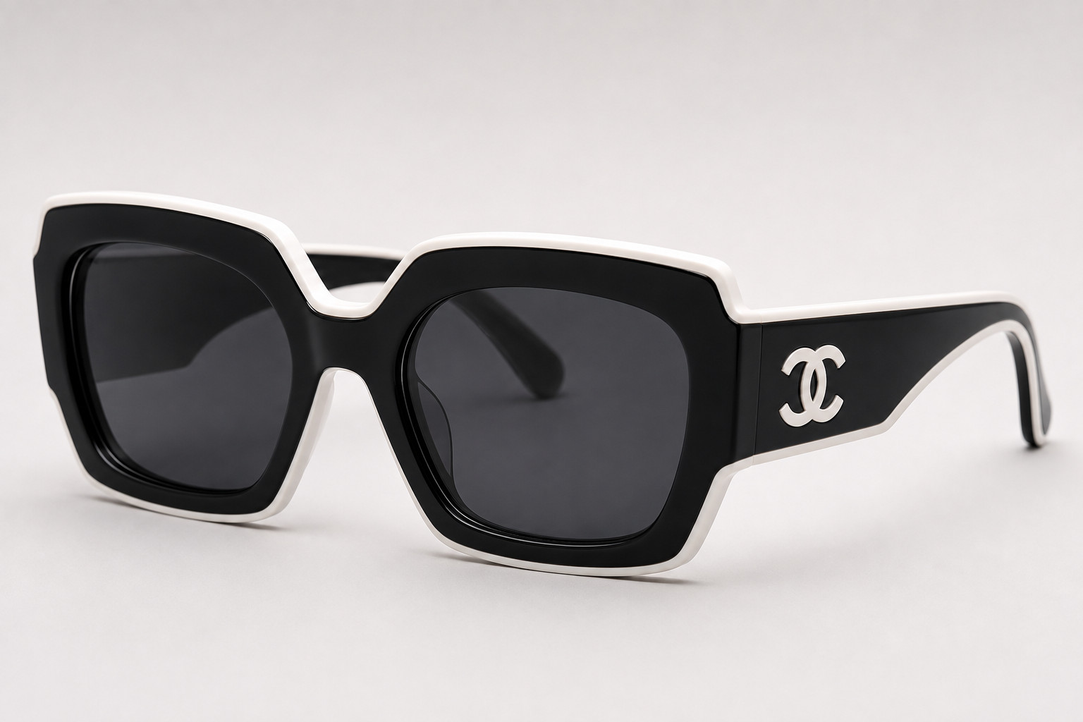 CHANEL Women White and Black Square Oversized Sunglasses Gray Tinted Lens Logo
