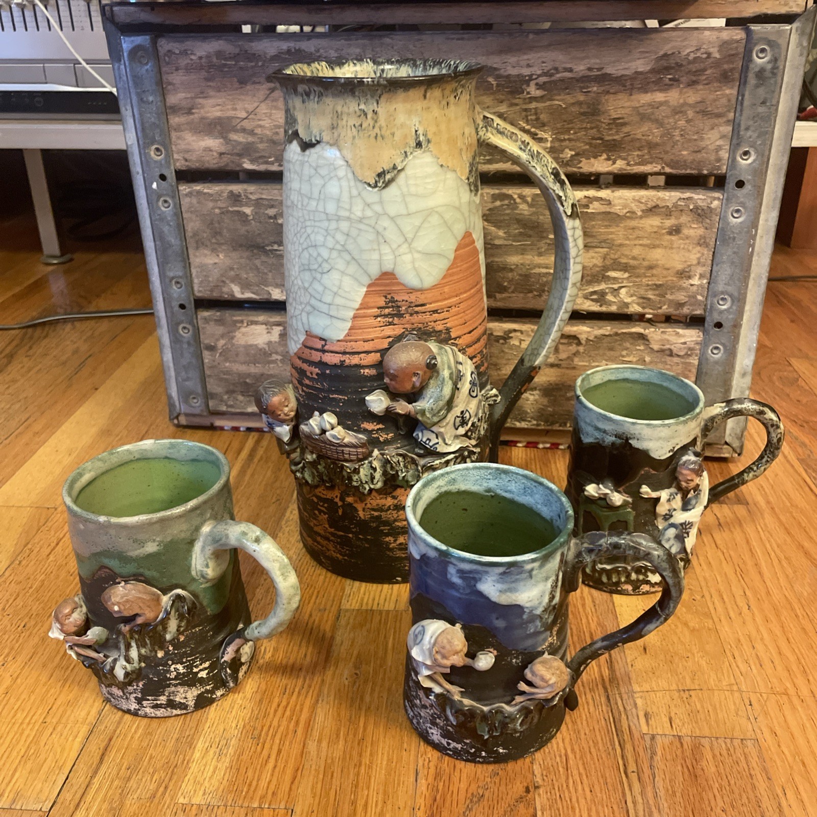 Antique Sumida Gawa Set Of 4 Signed Hara Gozan 19th Century Meiji Period Japan