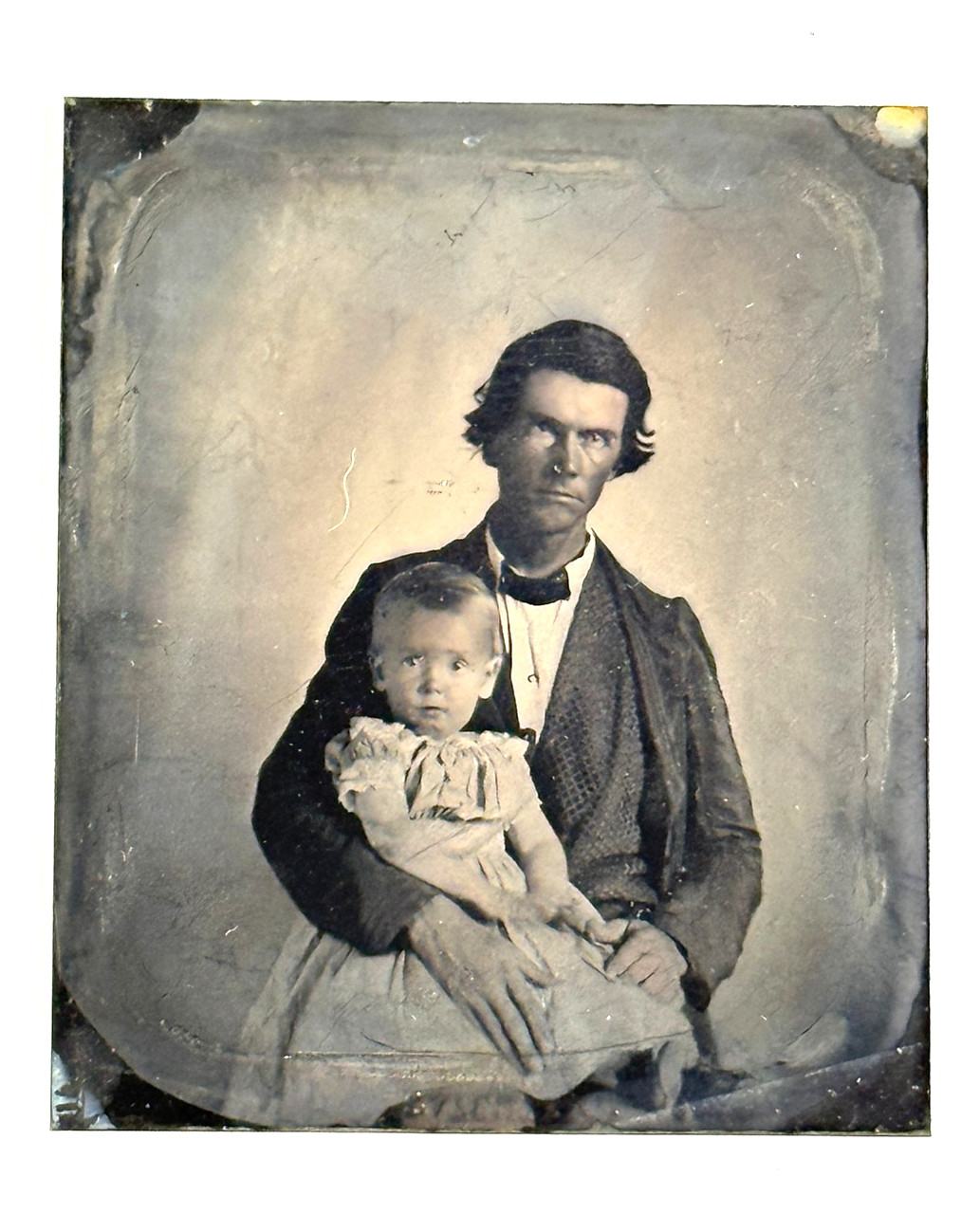 Antique 1/6th Plate Tintype Pioneer Father w/ Child Son Daughter Photo Antique 1/6th Plate Tintype Pioneer Father w/ Child Son Daughter Photo