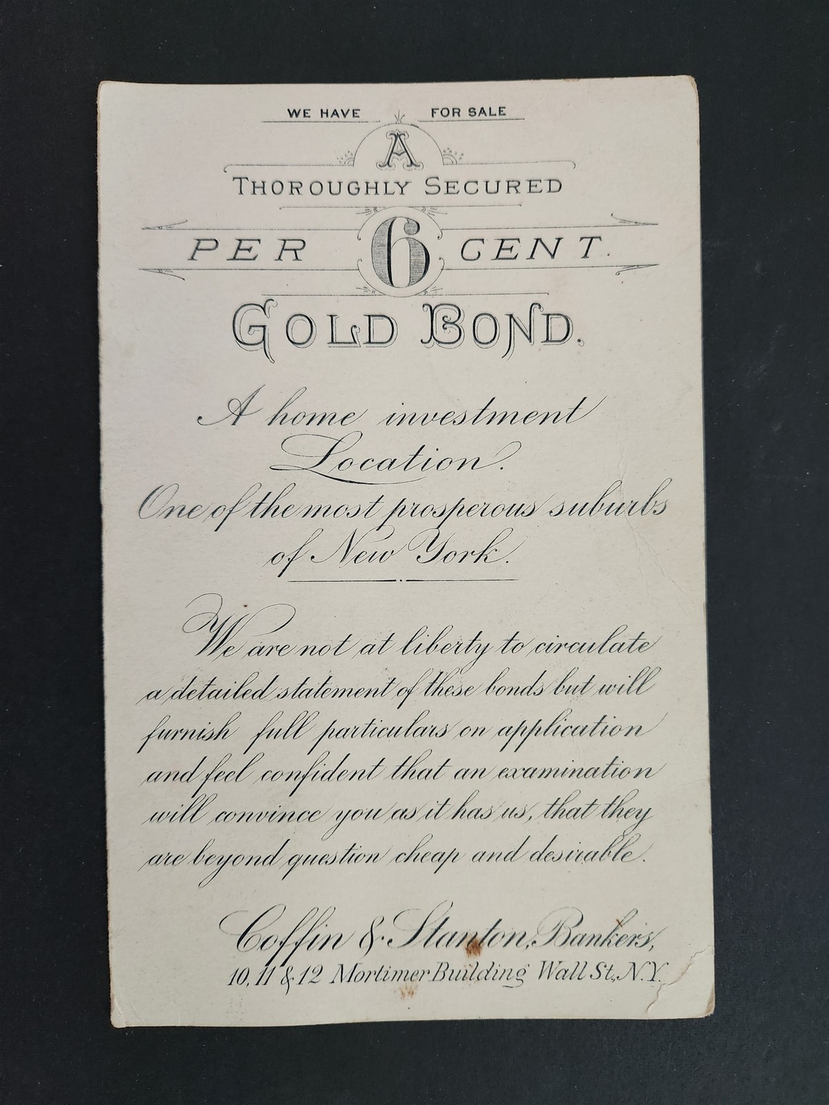 1890s antique GOLD BOND offered by COFFIN & STANTON BANKERS wall st ny AD