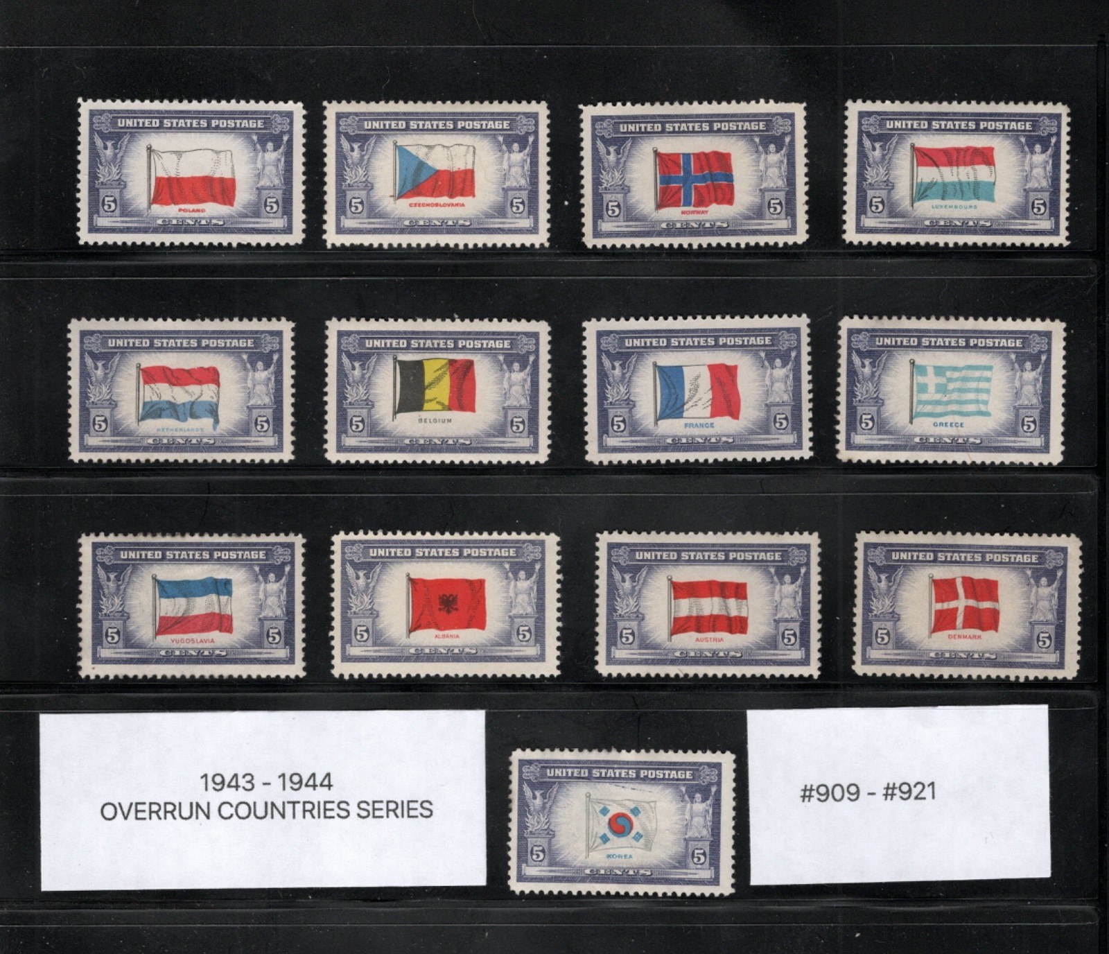 1943 - 1944 OVERRUN COUNTRIES SERIES USA STAMPS. 13 COMPLETE #909 - #921