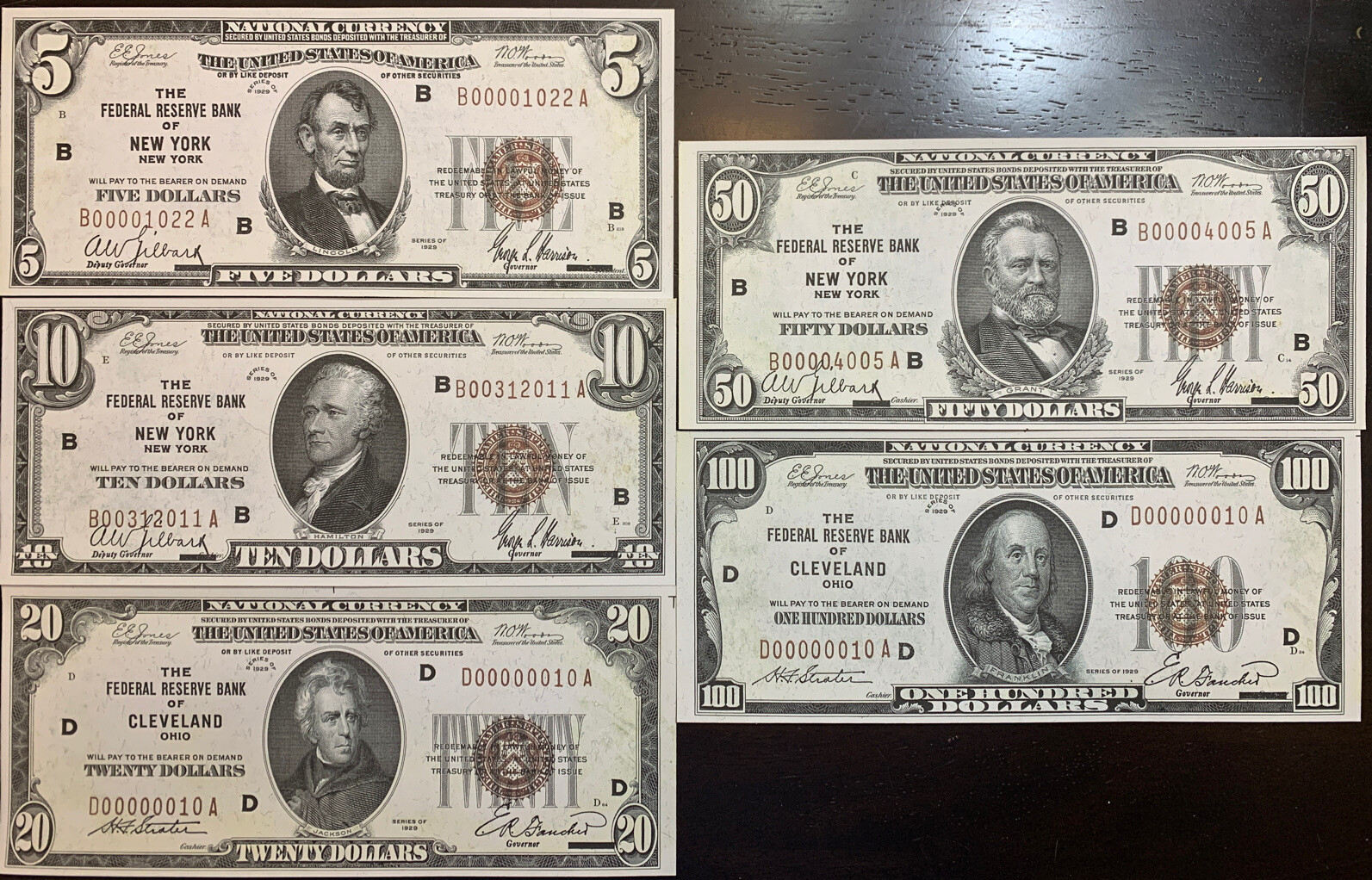 Reproduction Set 1929 Federal Reserve Bank Notes $5-$100 Copies See Description
