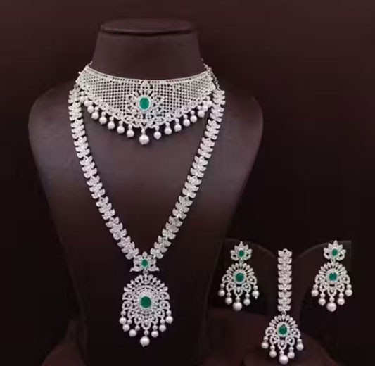 Indian Bollywood Wedding CZ Bridal Earrings Jewelry Long AD Necklace Set 5PCS Indian Bollywood Wedding CZ Bridal Earrings Jewelry Long AD Necklace Set 5PCS