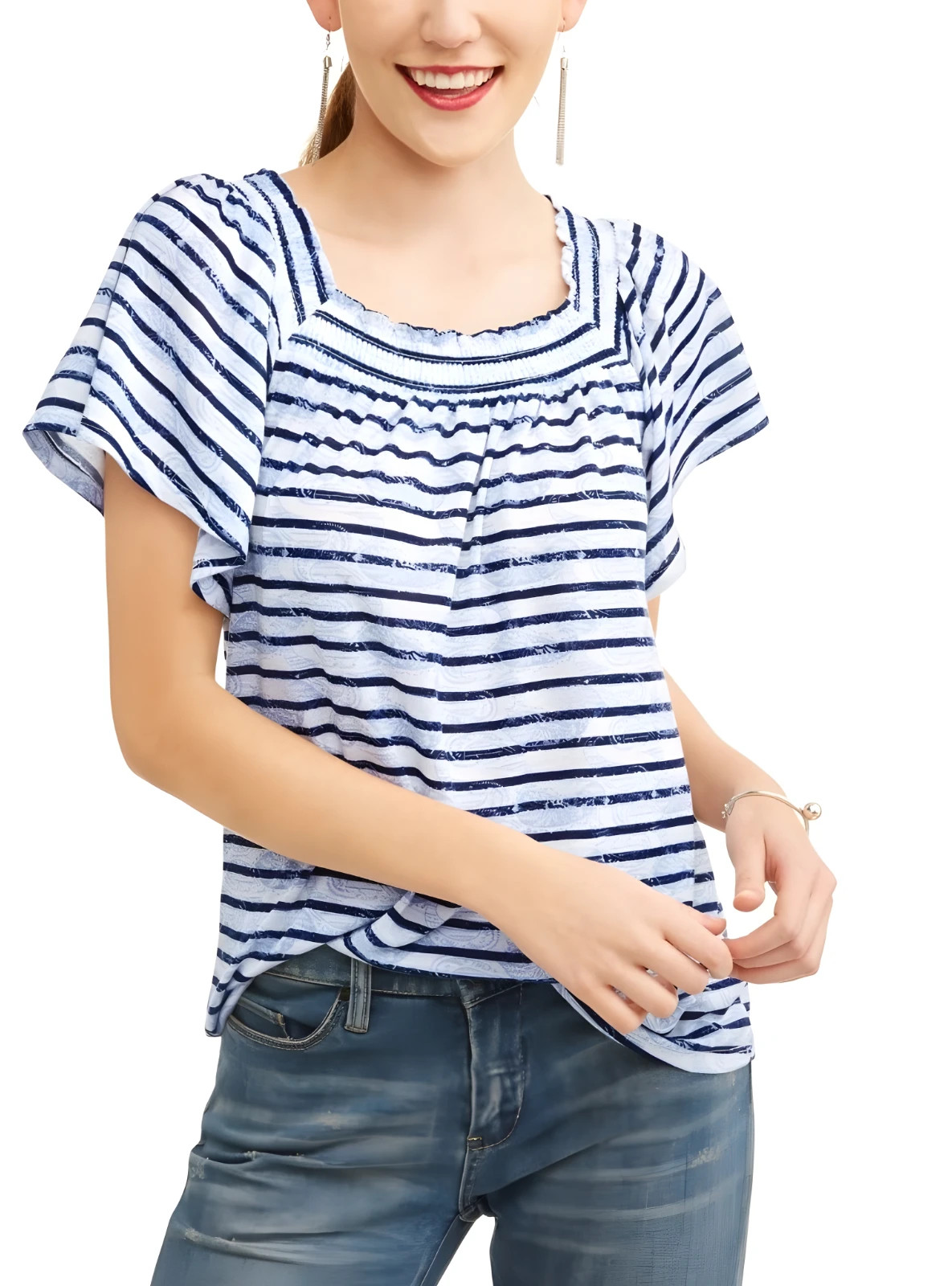 Como Blue Women\'s Loose Fit Peasant Top Multicolor Size L Como Blue Women\'s Loose Fit Peasant Top Multicolor Size L