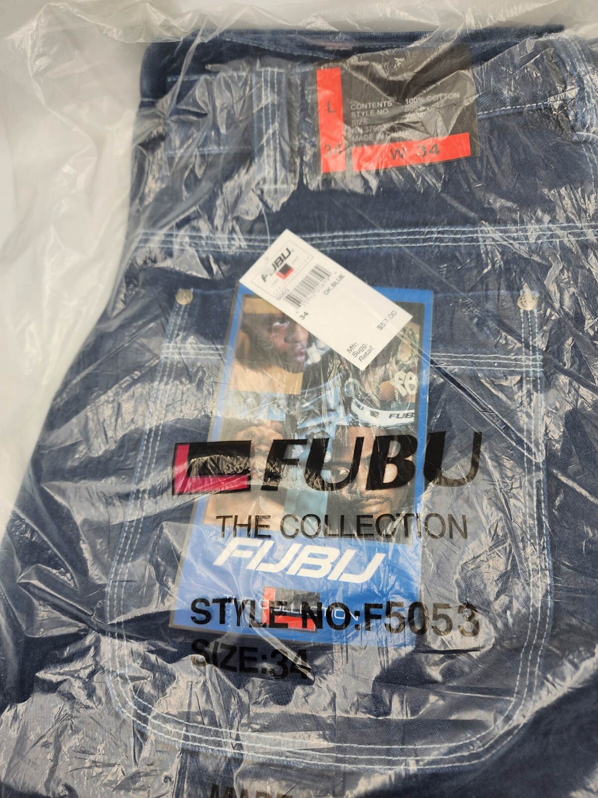 PICK WAIST FUBU The Collection Jeans 34L Y2K Dark Blue Cargo Carpenter Baggy NWT