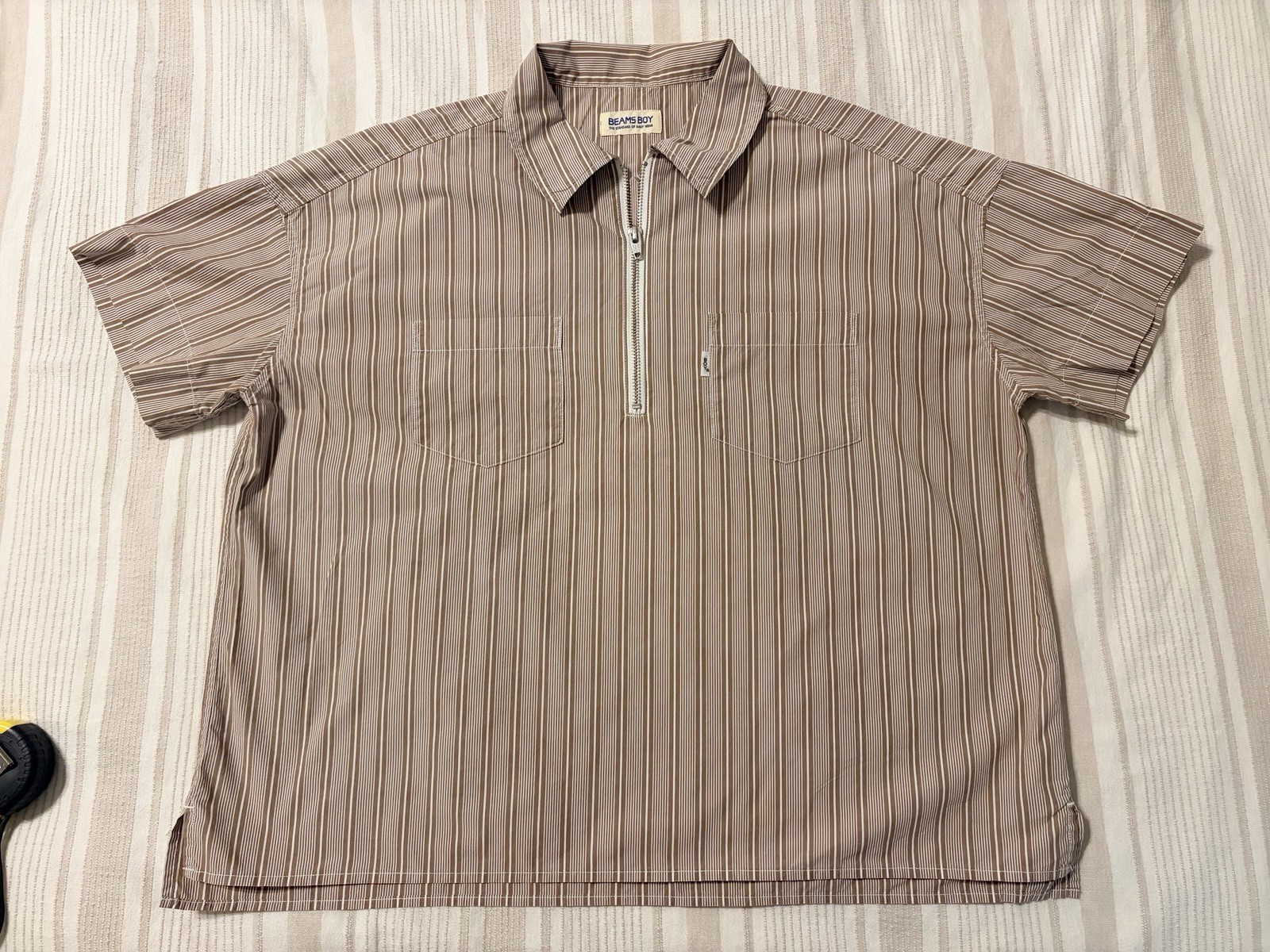 BEAMS BOY Japanese Streetwear Beige Striped Half-Zip Work Shirt One Size / S BEAMS BOY Japanese Streetwear Beige Striped Half-Zip Work Shirt One Size / S