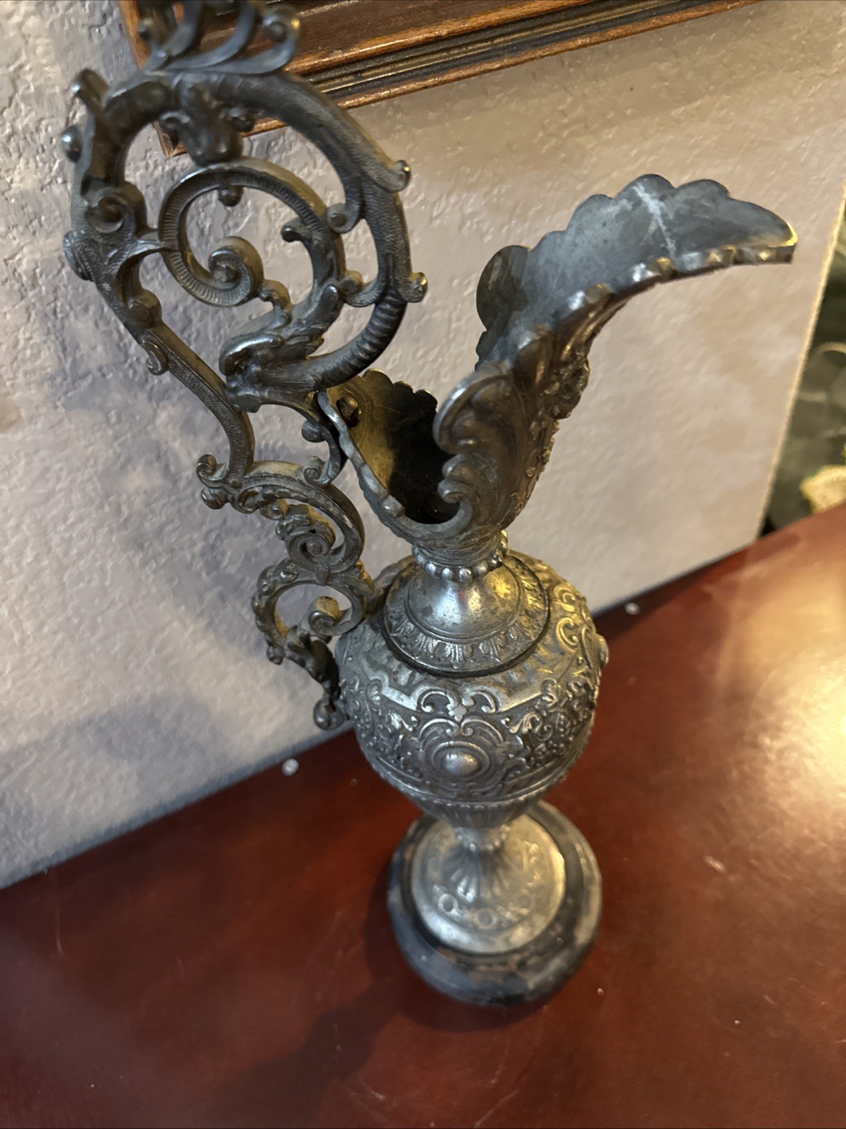 Antique Spelter Patina Presentation Ewer Dragon Handle Putti Scene Antique Spelter Patina Presentation Ewer Dragon Handle Putti Scene