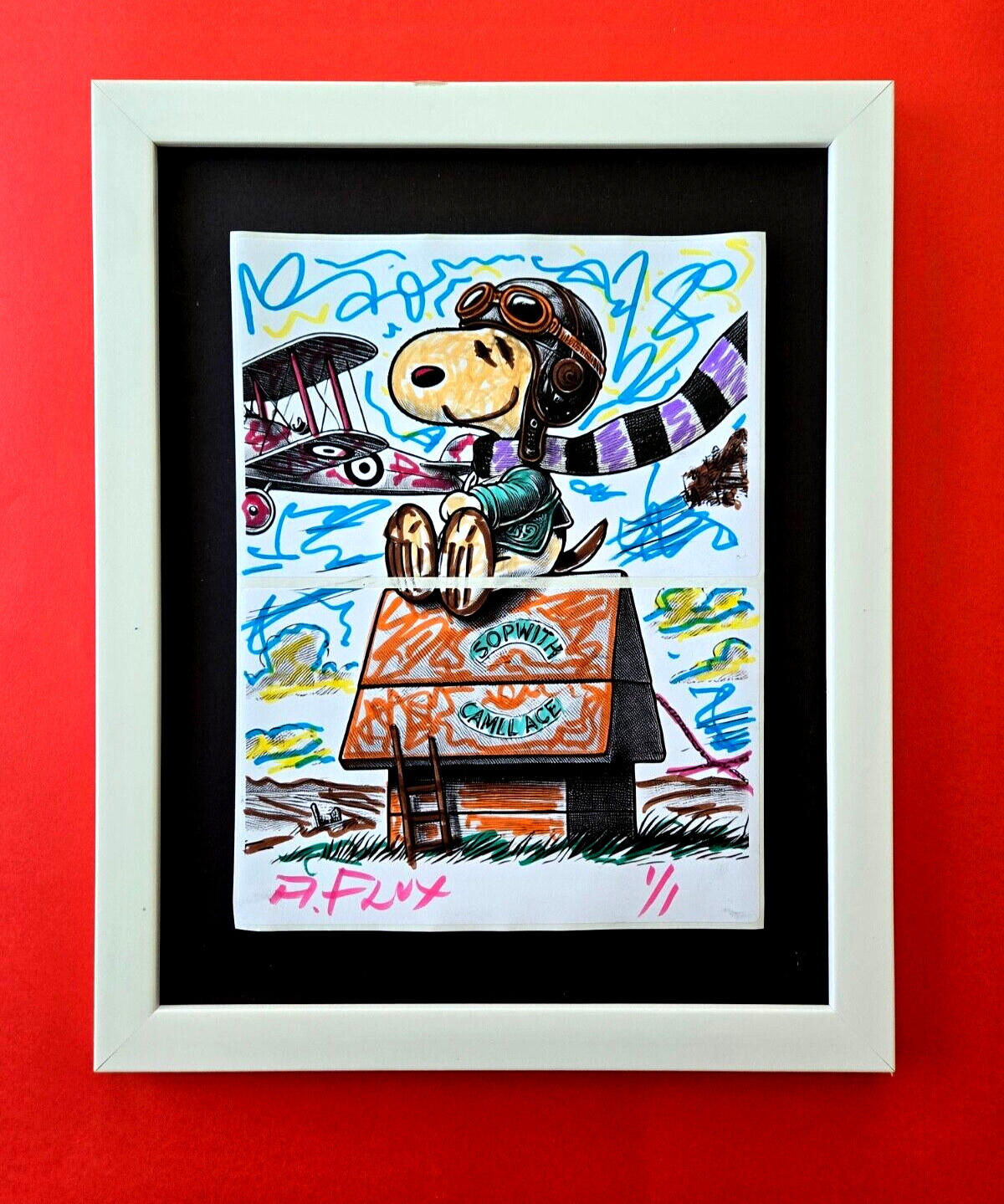 🔥 Aidan Flux | Snoopy Ace Pilot Unique Mixed Media Artwork 1/1 Hand Signed COA