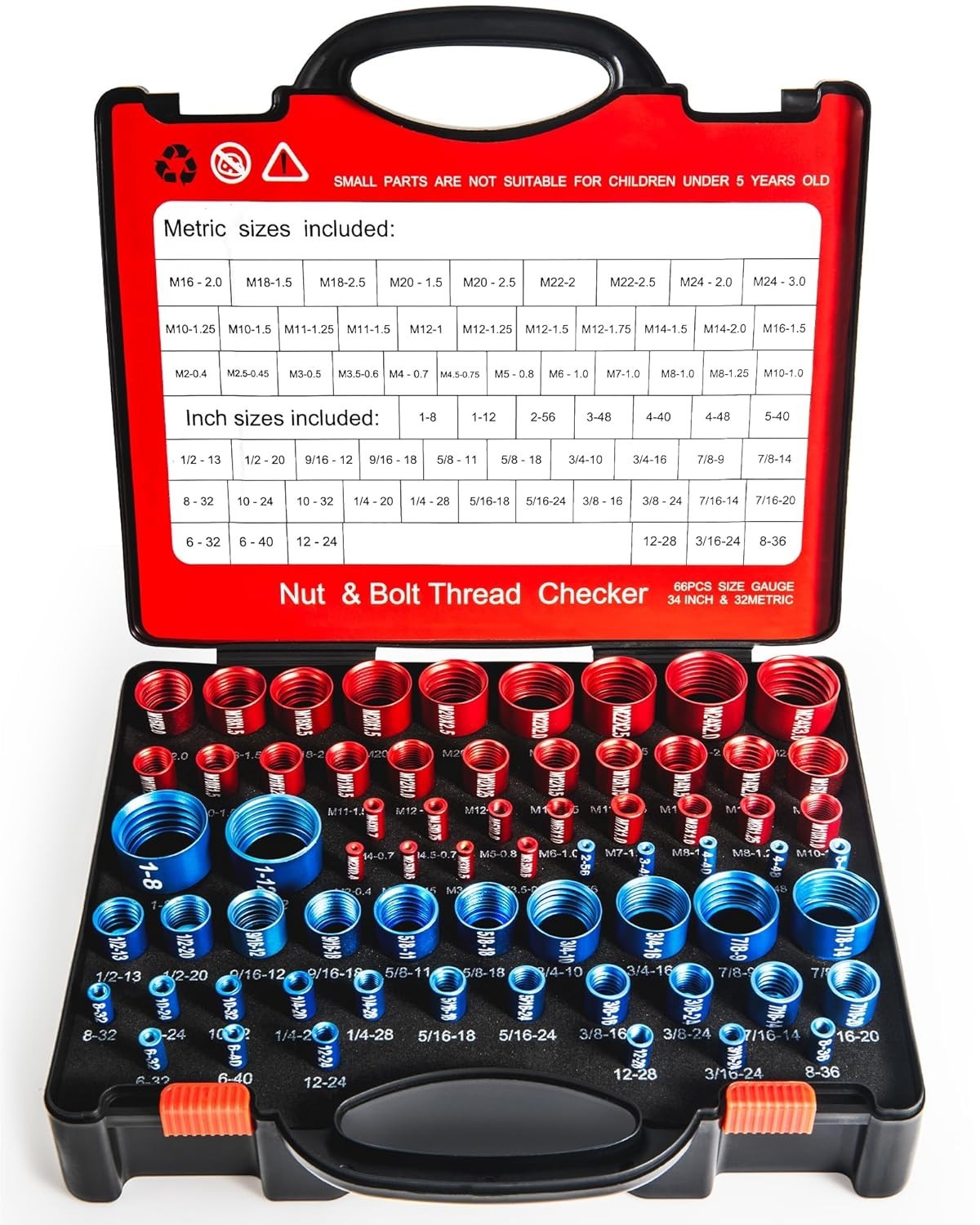 66-Piece Nut and Bolt Thread Checker Kit | 34 SAE (Blue) + 32 Metric (Red) Th...