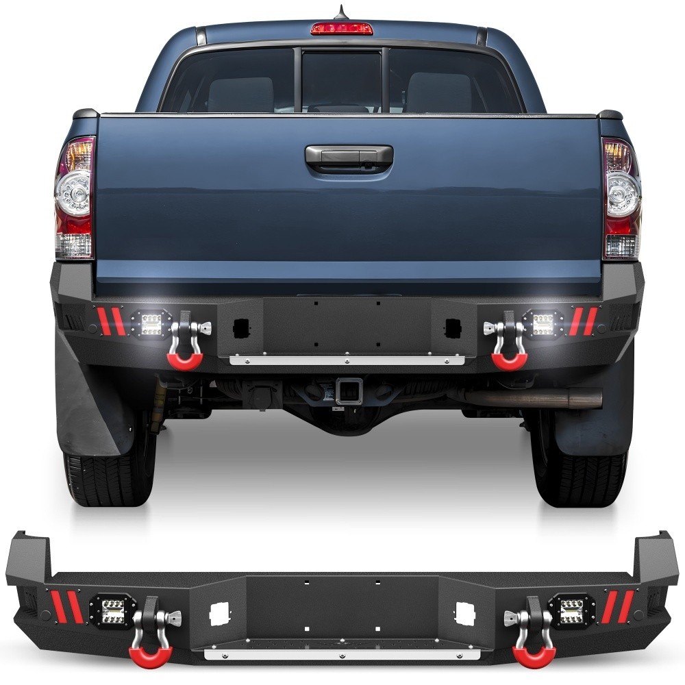 For 2005-2015 Toyota Tacoma Black Steel Rear Bumper w/LED Lights & Winch Plate