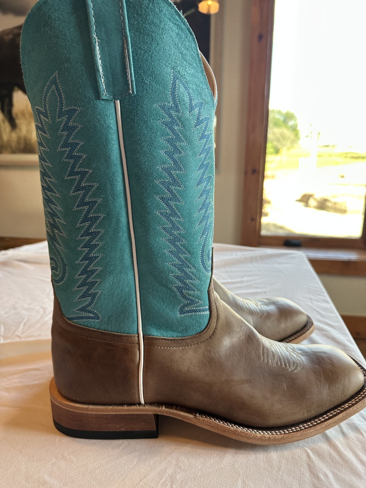 Anderson Bean Men\'s Square Toe Brown Marine Field Turquoise Western Boot 12D