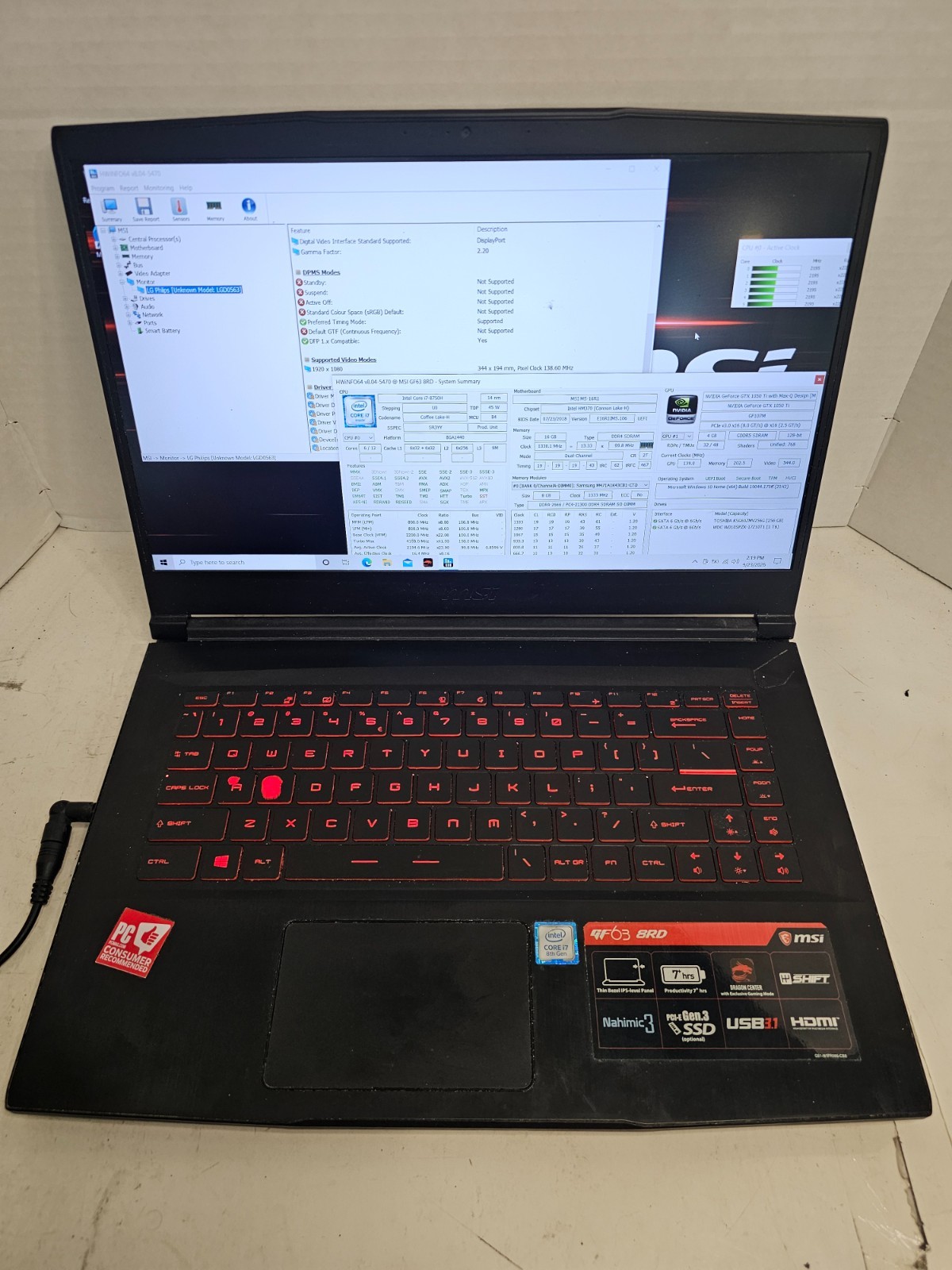 MSI GF63 8RD i7-8750H 16GB RAM 256GB+1TB DRIVES Win 10 GTX 1050Ti NO BATTERY #04